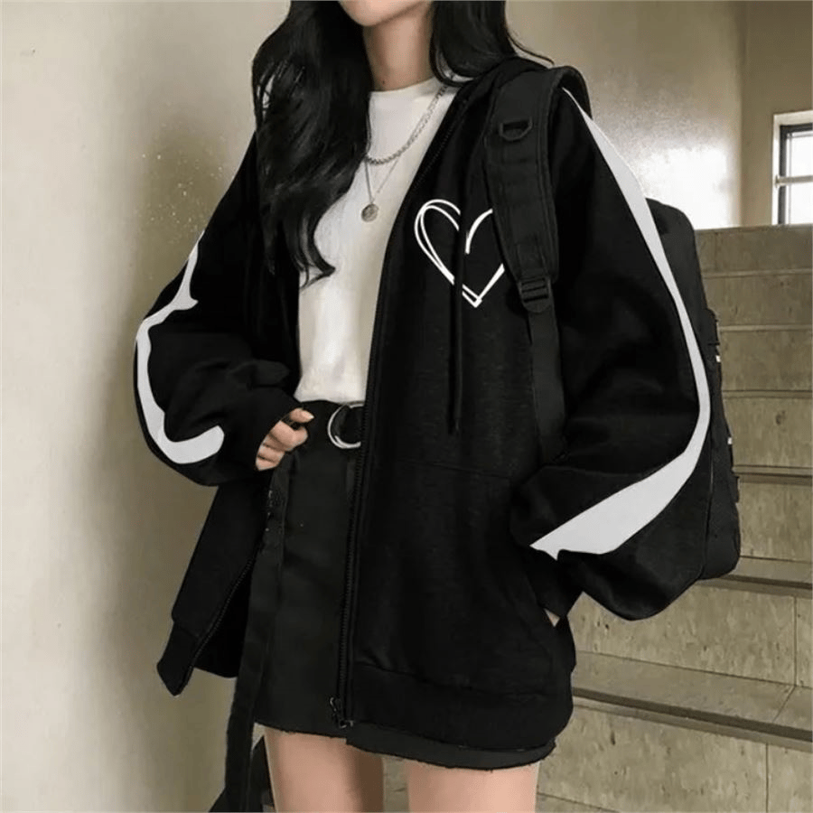 Siyah Beyaz Şeritli Kalp Fermuarlı Kapüşonlu Sweatshirt