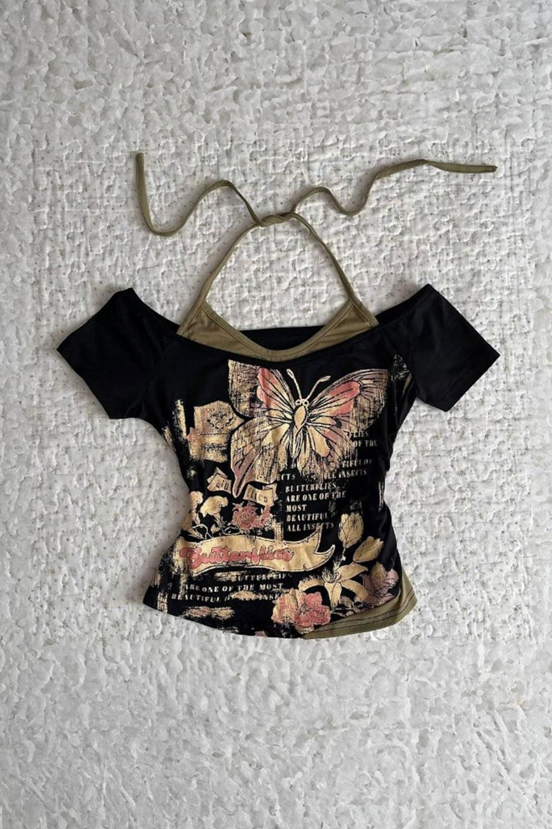 Siyah Butterfly Madonna Yaka Ek Askılı Kısa Kollu Full Body Crop