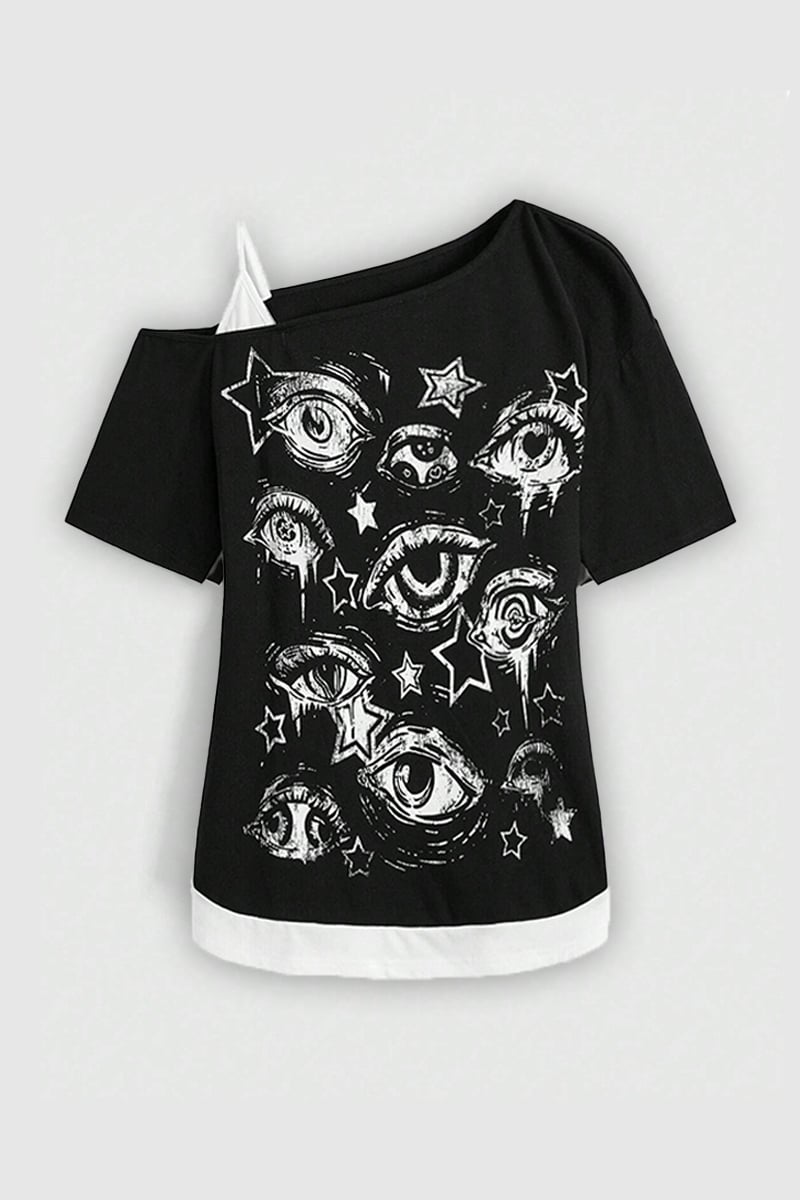 Siyah Gothic Eye Collage Ek Askılı Kısa Kollu Crop