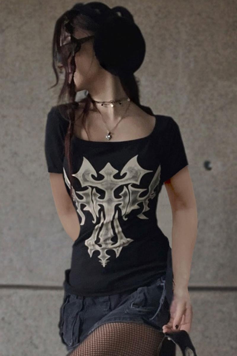 Siyah Gothic Kare Yaka Kısa Kollu Crop