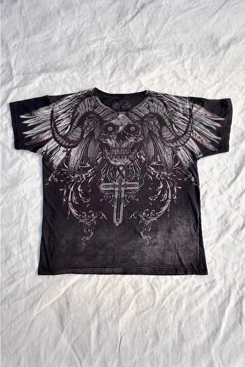 Siyah Gotik Devil Horned Skull Cyber Grunge Unisex T-shirt