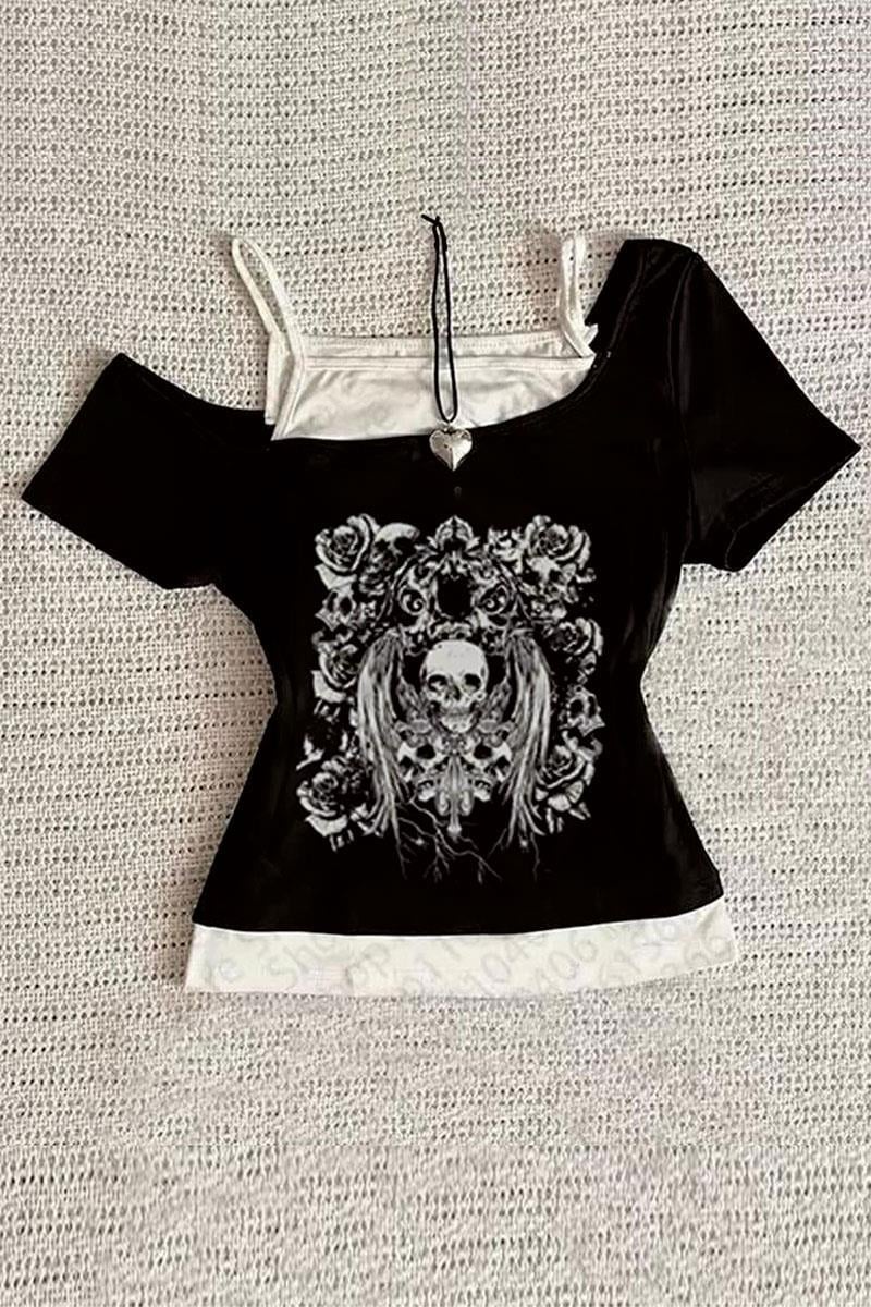 Siyah Gotik Madonna Yaka Ek Askılı Y2K Kısa Kollu Full Body Crop