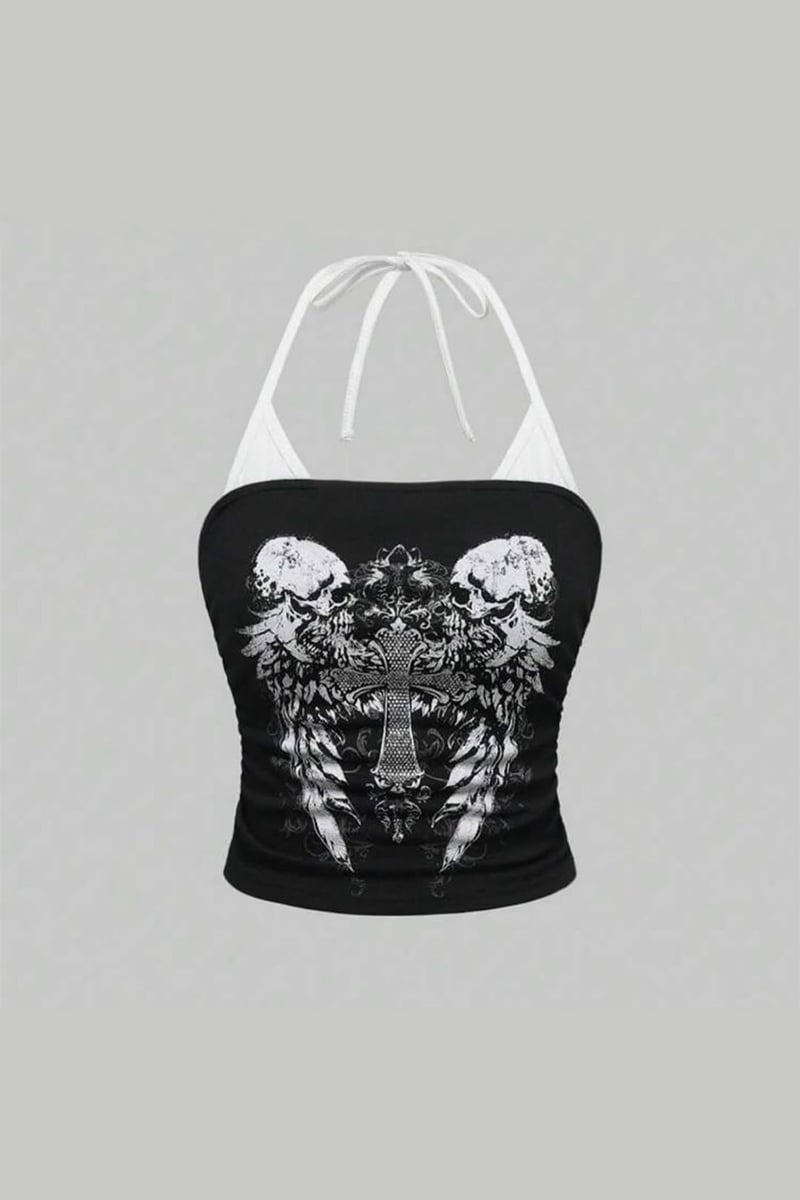 Siyah Gotik Skull Double Cros Beyaz Ekli Y2K Askılı Crop
