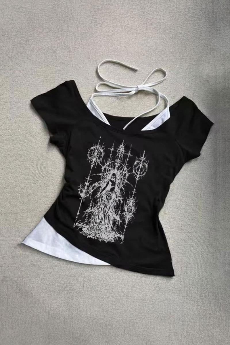 Siyah Gotik Wizard Angel Beyaz Ekli Y2K Kısa Kollu Crop