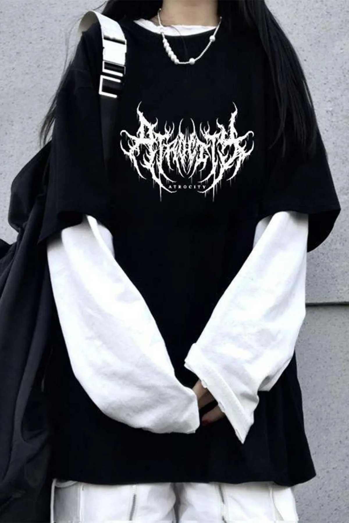 Siyah Harajuku Gothic Atrocity Beyaz Kollu (Unisex) T-Shirt