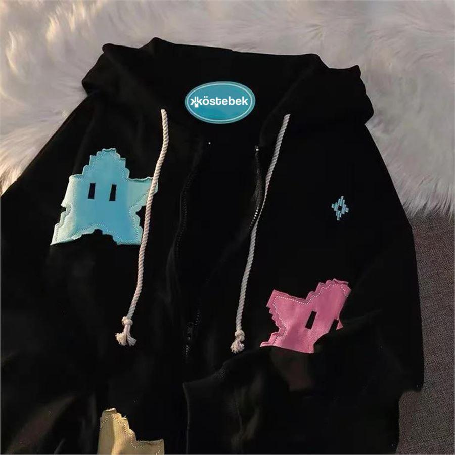 Siyah Pixel Stars Kalın Kumaş Fermuarlı (Unisex) Kapüşonlu Sweatshirt
