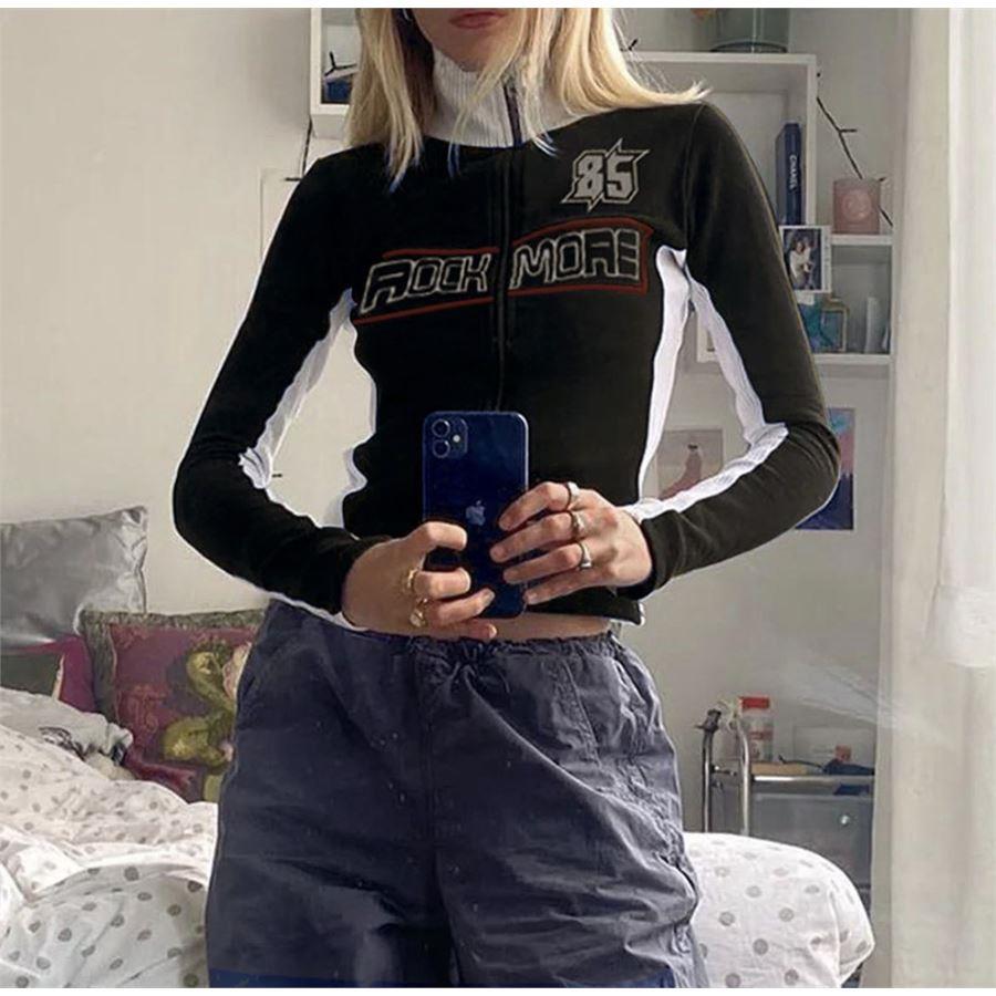Siyah Retro Rock More 85 Fermuarlı Crop Hırka 