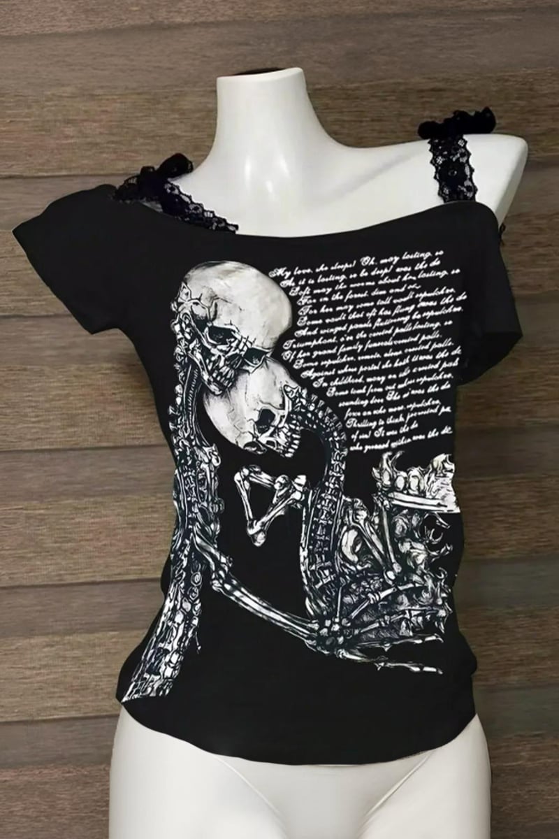 Siyah Skulls Letter Love Body Cyber Grunge Madonna Yaka Askılı Crop