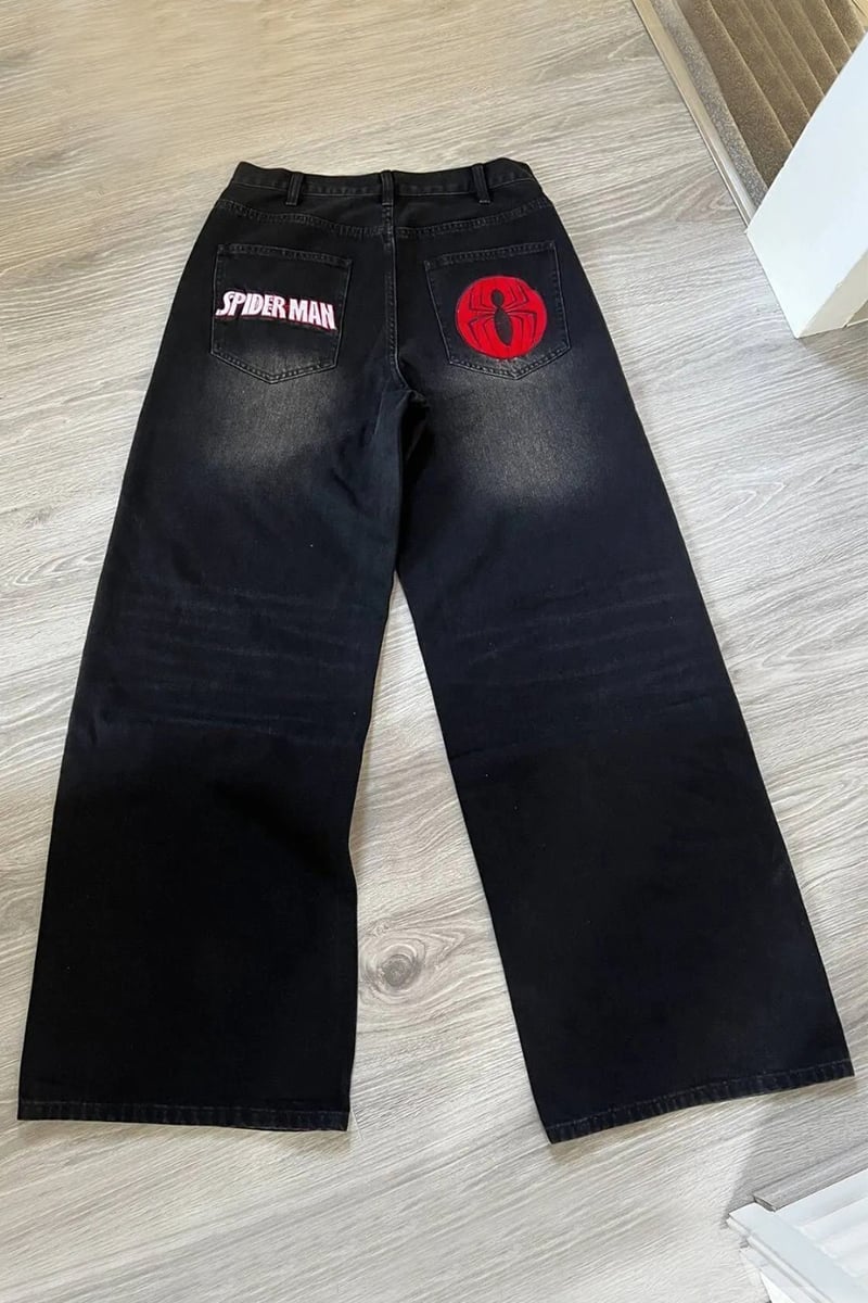 Siyah Spider Taşlamalı Harajuku Baggy Pantolon