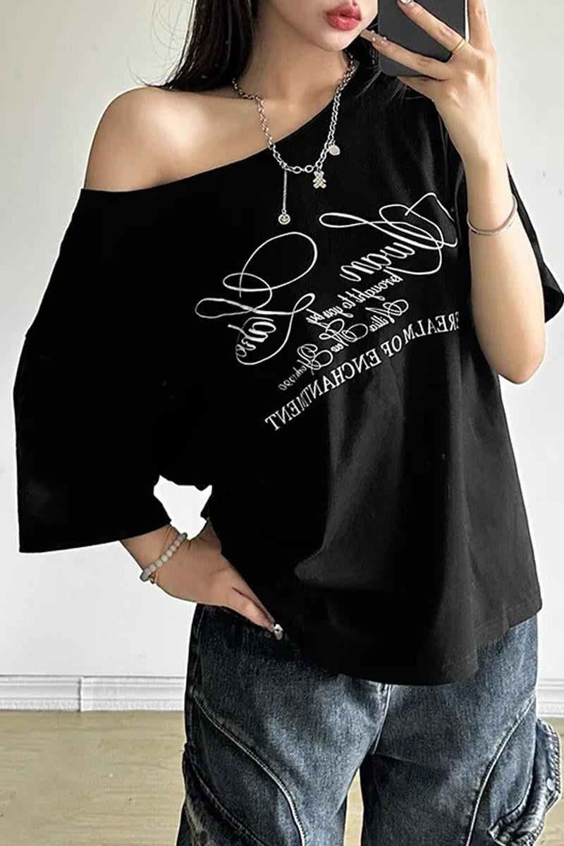 Siyah Swan Lake Salaş Omuz Dekolteli T-shirt