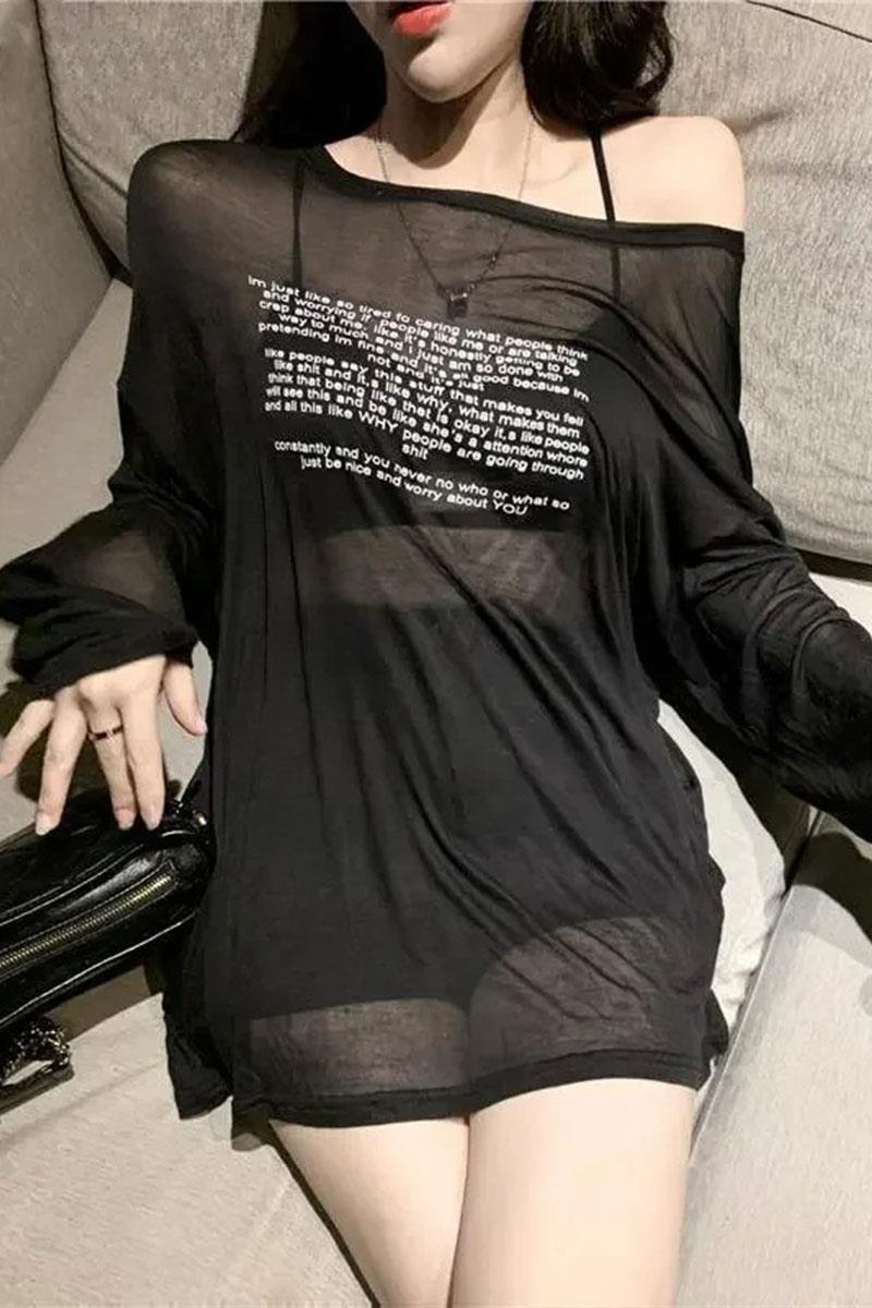 Siyah Transparan Uzun Kol T-shirt