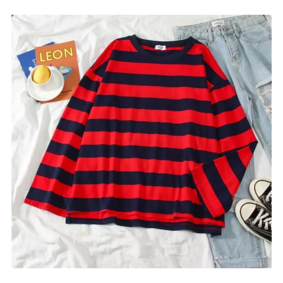 Siyah Üzeri Kırmızı Kalın Çizgili Oversize (Unisex) Uzun Kollu
