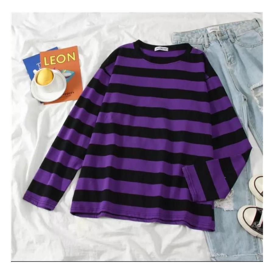 Siyah Üzeri Mor Kalın Çizgili Oversize (Unisex) Uzun Kollu