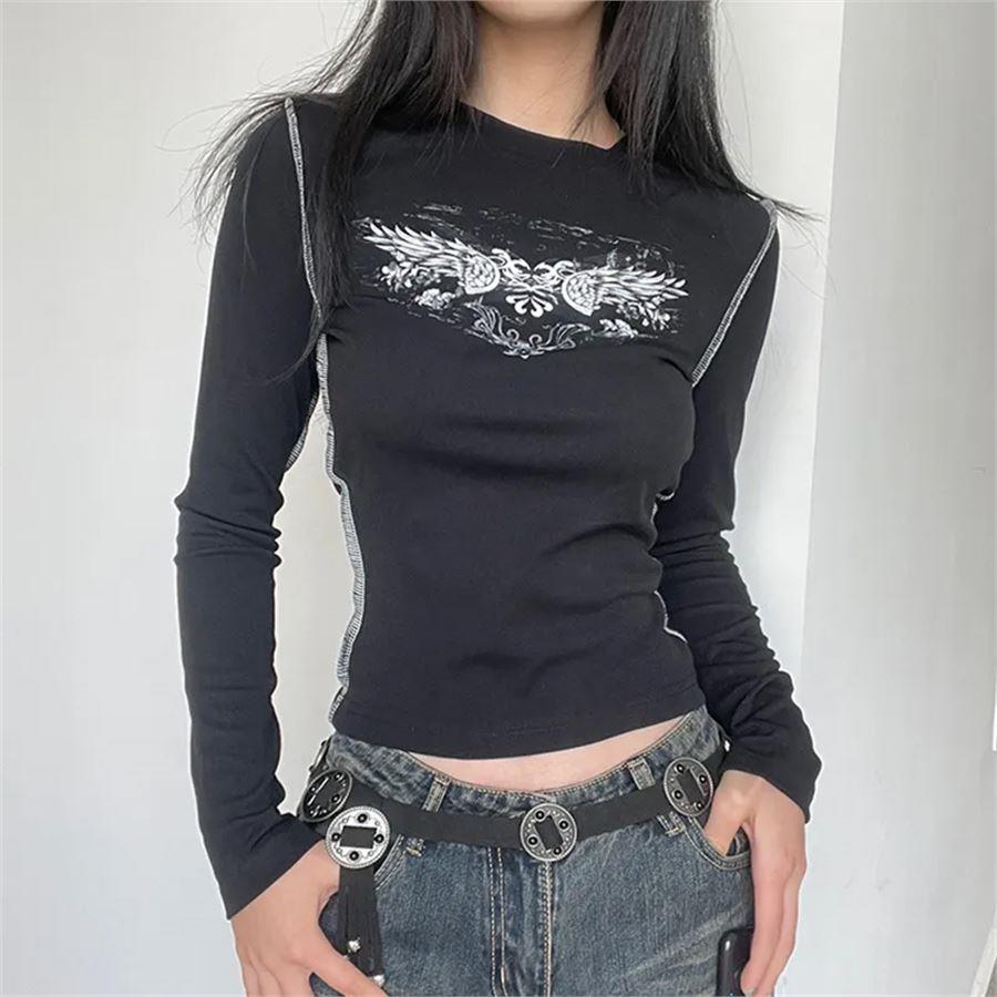Siyah Vintage Wing Ters Dikiş Şeritli Uzun Kollu Crop Bluz 