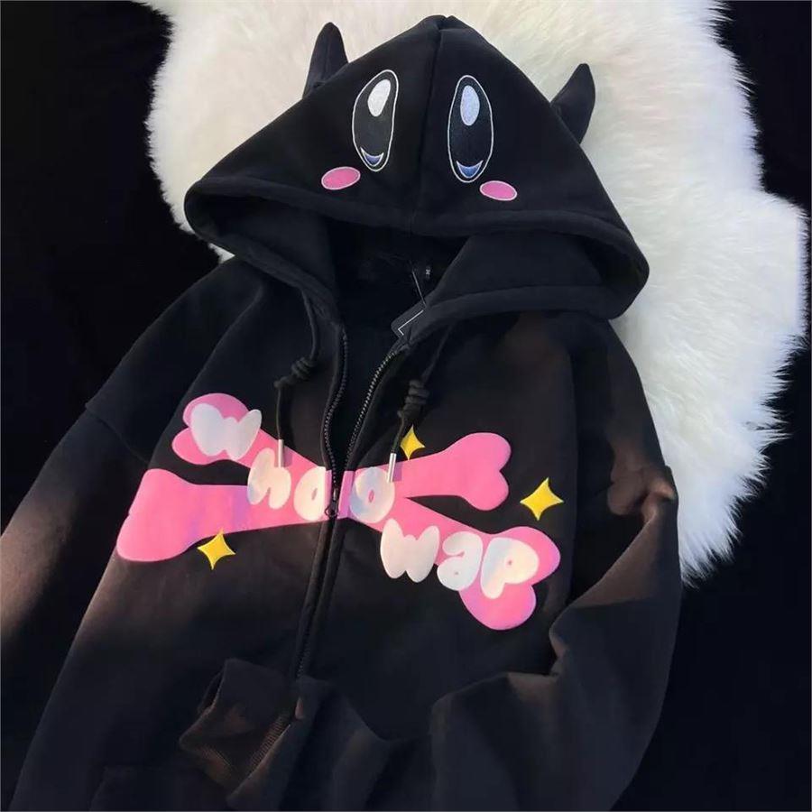 Siyah Whoowap Kulak Detaylı Fermuarlı Kapüşonlu Sweatshirt