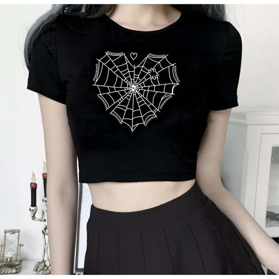 Gotik Spider Web Heart Siyah Kısa Kollu Crop