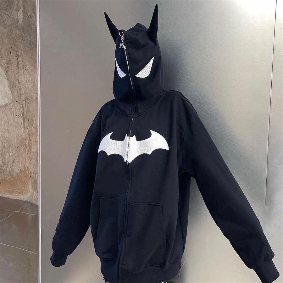 Yeni Siyah Batman Kulak Detaylı Fermuarlı (Unisex) Kapüşonlu Sweatshirt