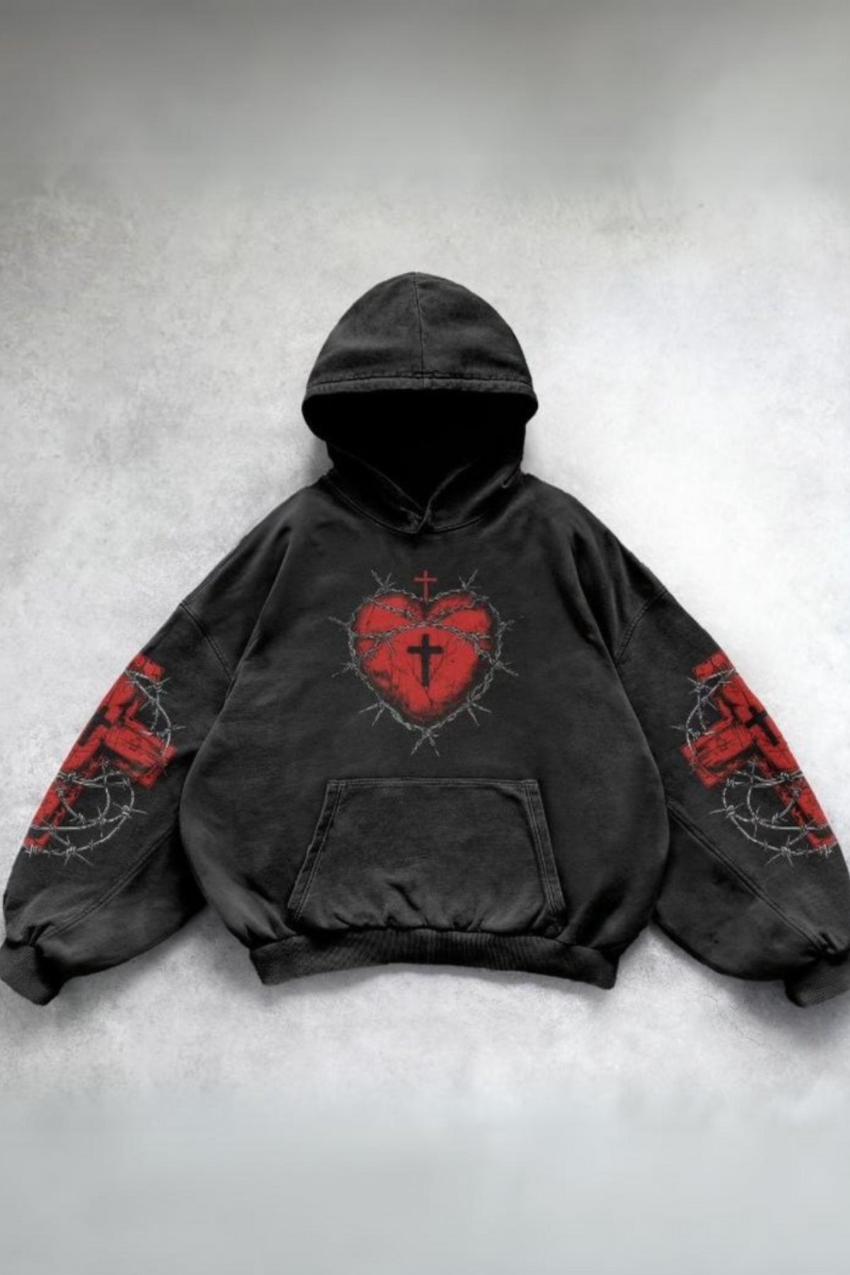 Yeni Siyah Gothic Barbed Wire Heart Cross Kapüşonlu Sweatshirt