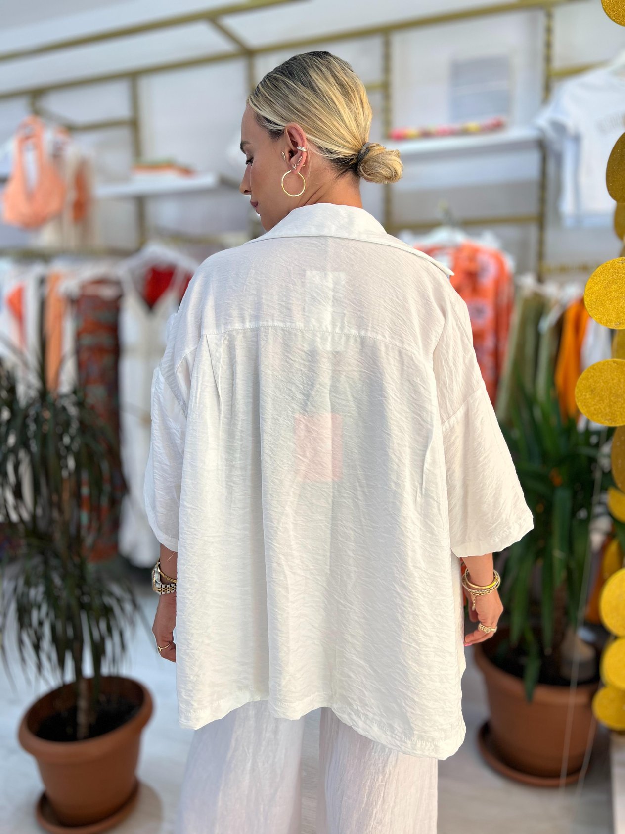 Beyaz Krinkle Oversize Gömlek