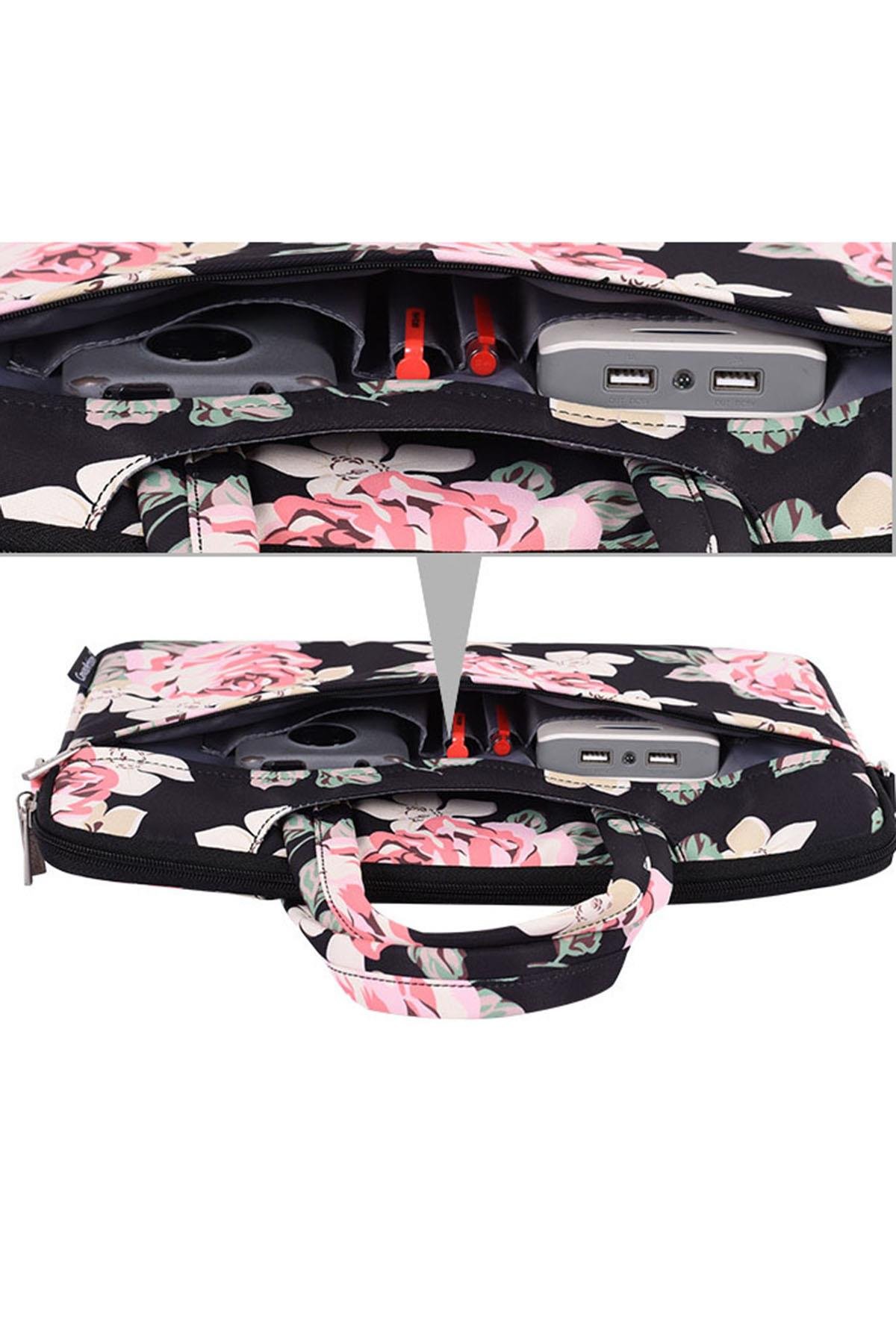 EVRH40-13 Siyah13 inç Çiçek Desenli Kadın Evrak ve Laptop Koruma Çantası Siyah EVRH40