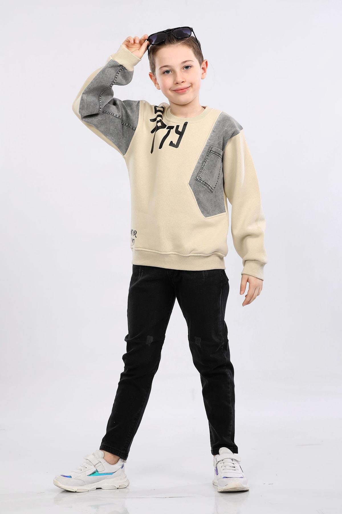 MRN7001 BejErkek Çocuk Üç İp Kot Detaylı Sweatshirt Bej MRN7001