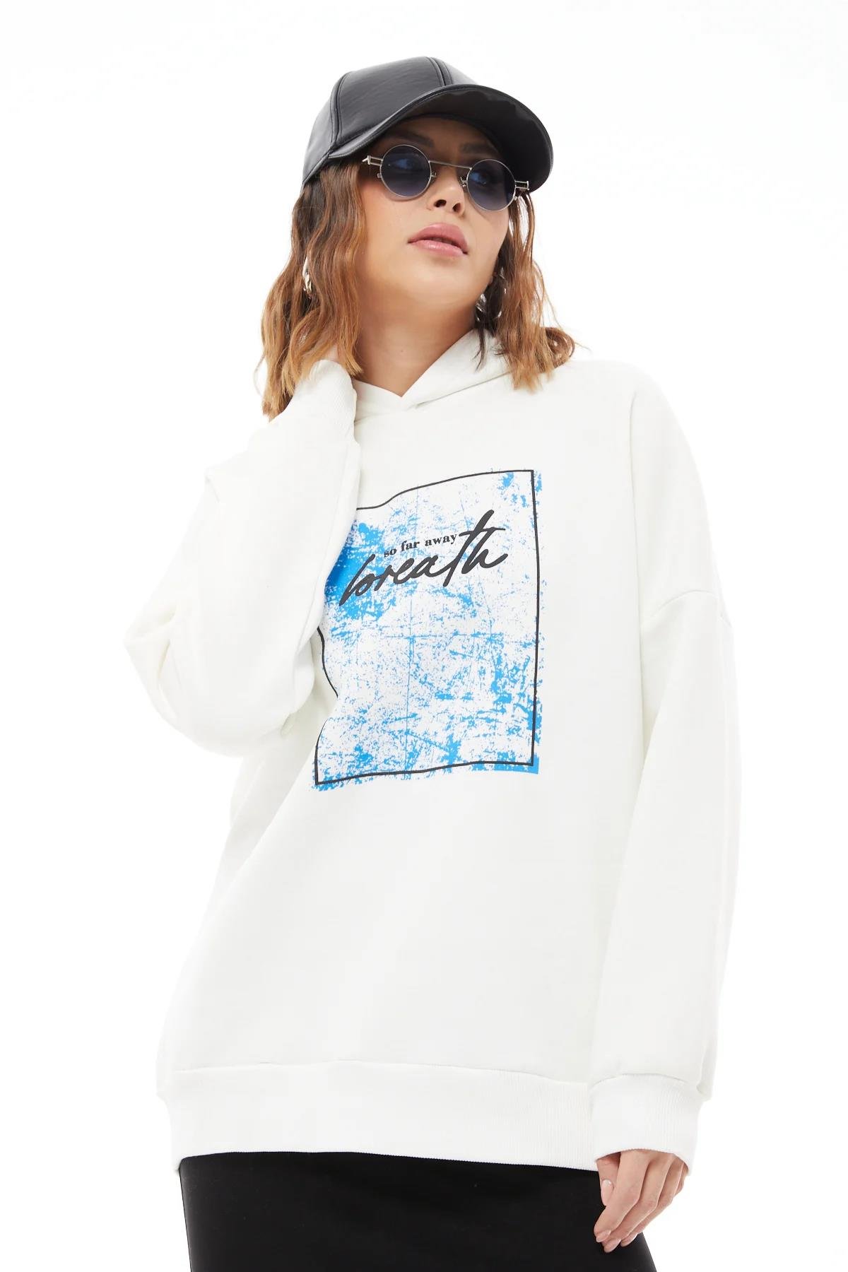 ZN5026 EkruGo Veform Kapüşonlu Baskılı Üç İplik Kadın Sweatshirt Ekru ZN5026