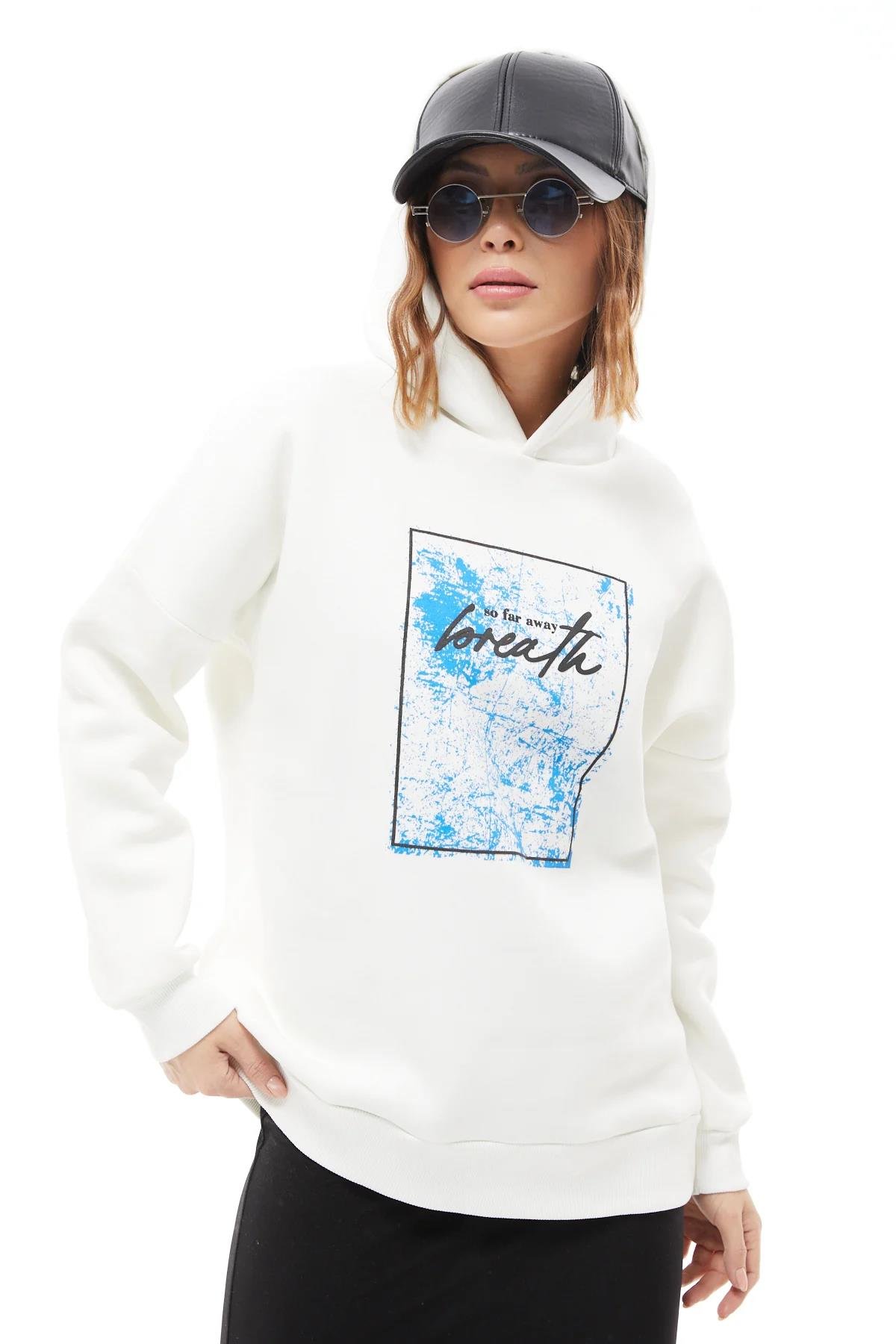 ZN5026 EkruGo Veform Kapüşonlu Baskılı Üç İplik Kadın Sweatshirt Ekru ZN5026