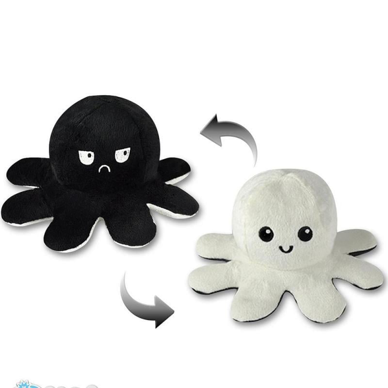 Çift Taraflı Üzgün-Mutlu Peluş Ahtapot (Siyah-Beyaz) 30 cm