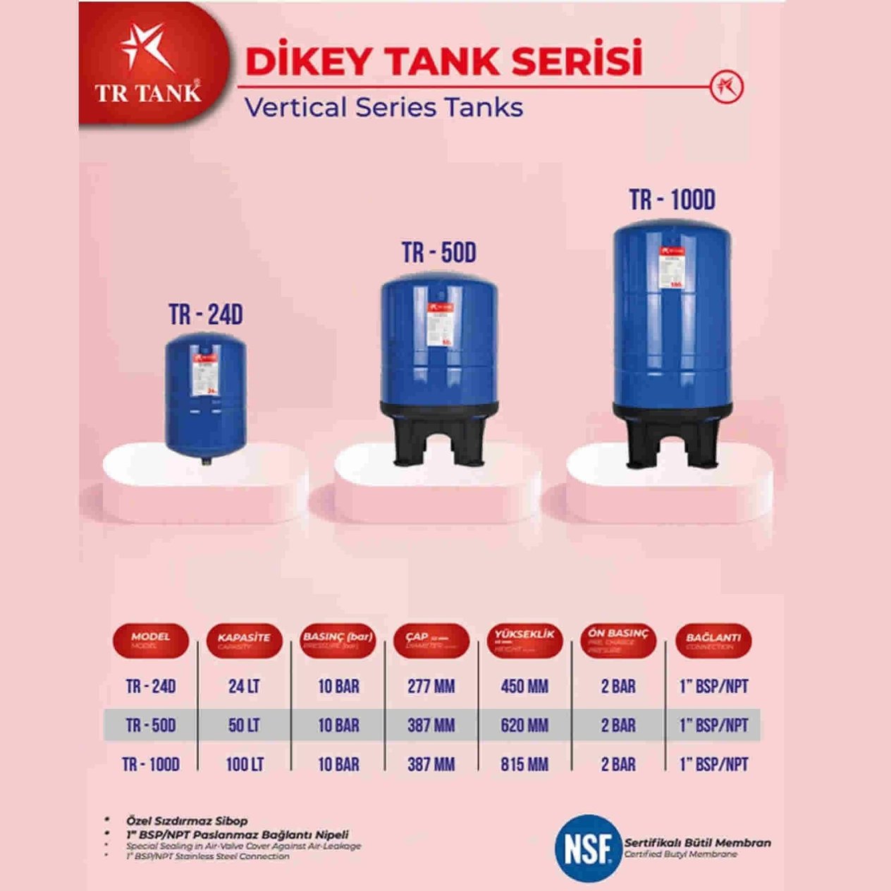 100 Litre Dikey Ayaklı Nsf Membranlı Hidrofor Genleşme Tankı