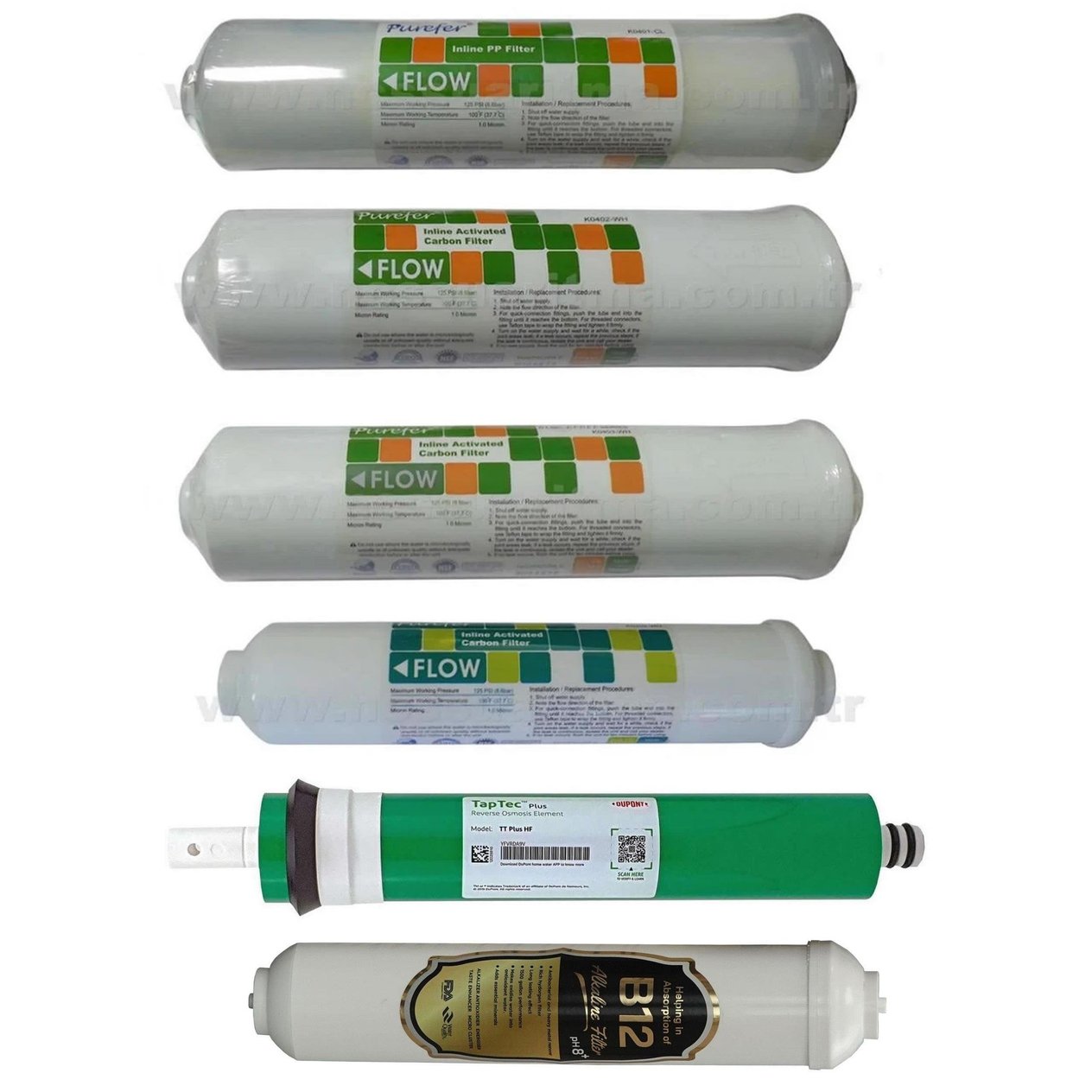 Purefer Su Arıtma Filtresi 6'lı B12 Filtreli Dupont Taptech 130 GPD USA Filtre Seti