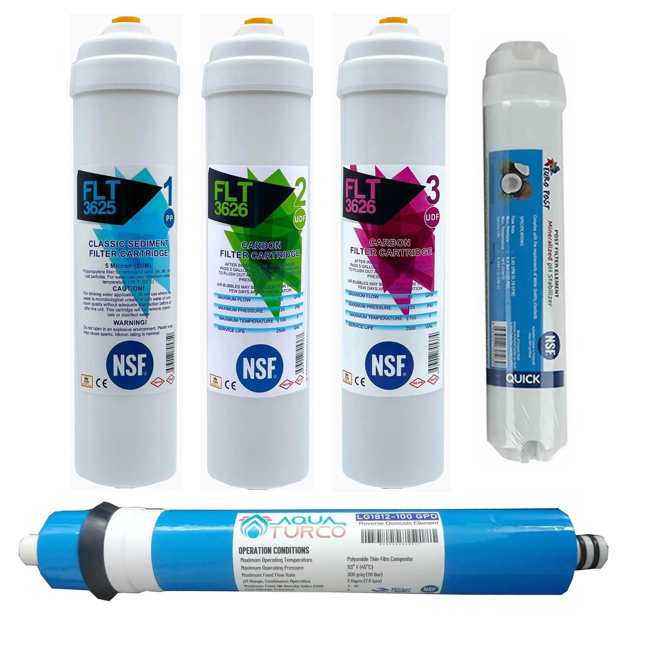 Su Arıtma Cihazı Filtresi NSF Onaylı 5'li AQUATURCO Membranlı Set 100 GPD