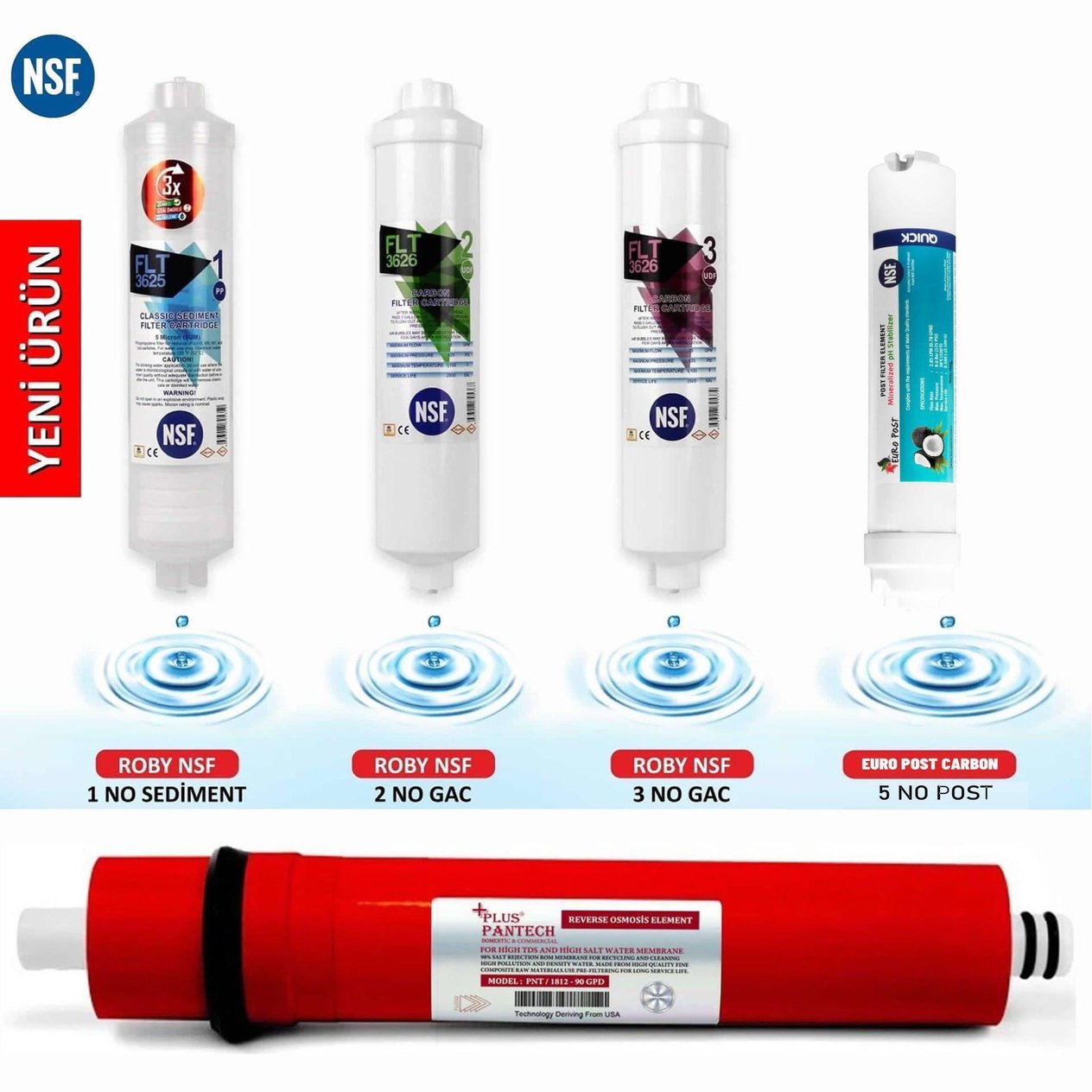 Su Arıtma Cihazı Filtresi NSF Onaylı 5'li Pantech Membranlı Set 90 GPD 6'lı