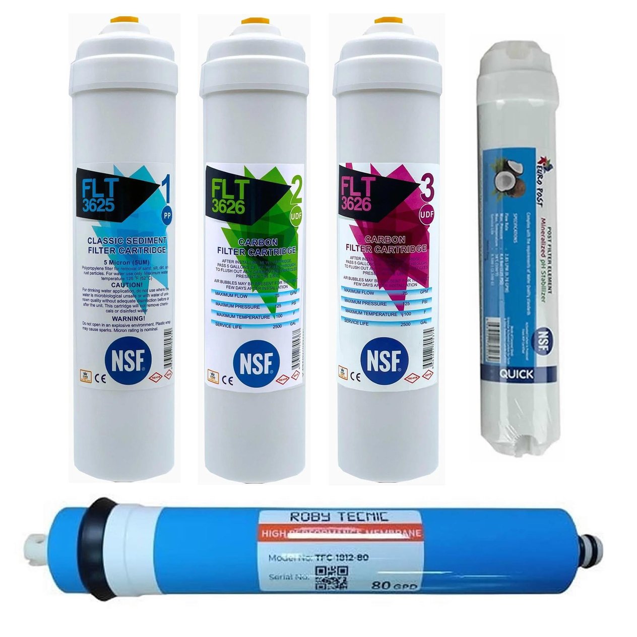 Su Arıtma Cihazı Filtresi NSF Onaylı 5'li Roby Membranlı Set 80 GPD