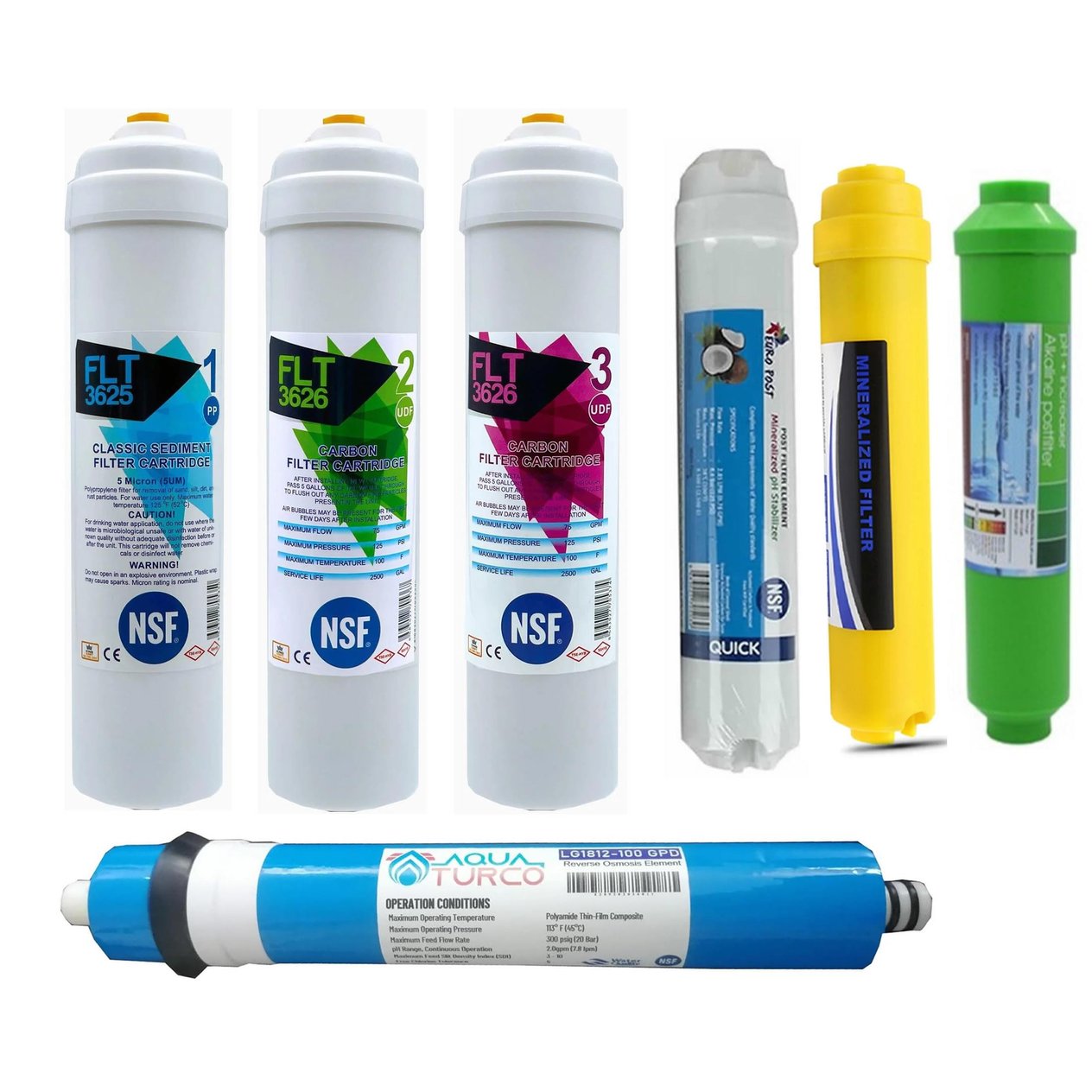 Su Arıtma Cihazı Filtresi NSF Onaylı 7'li AQUATURCO Membranlı Set 100 GPD