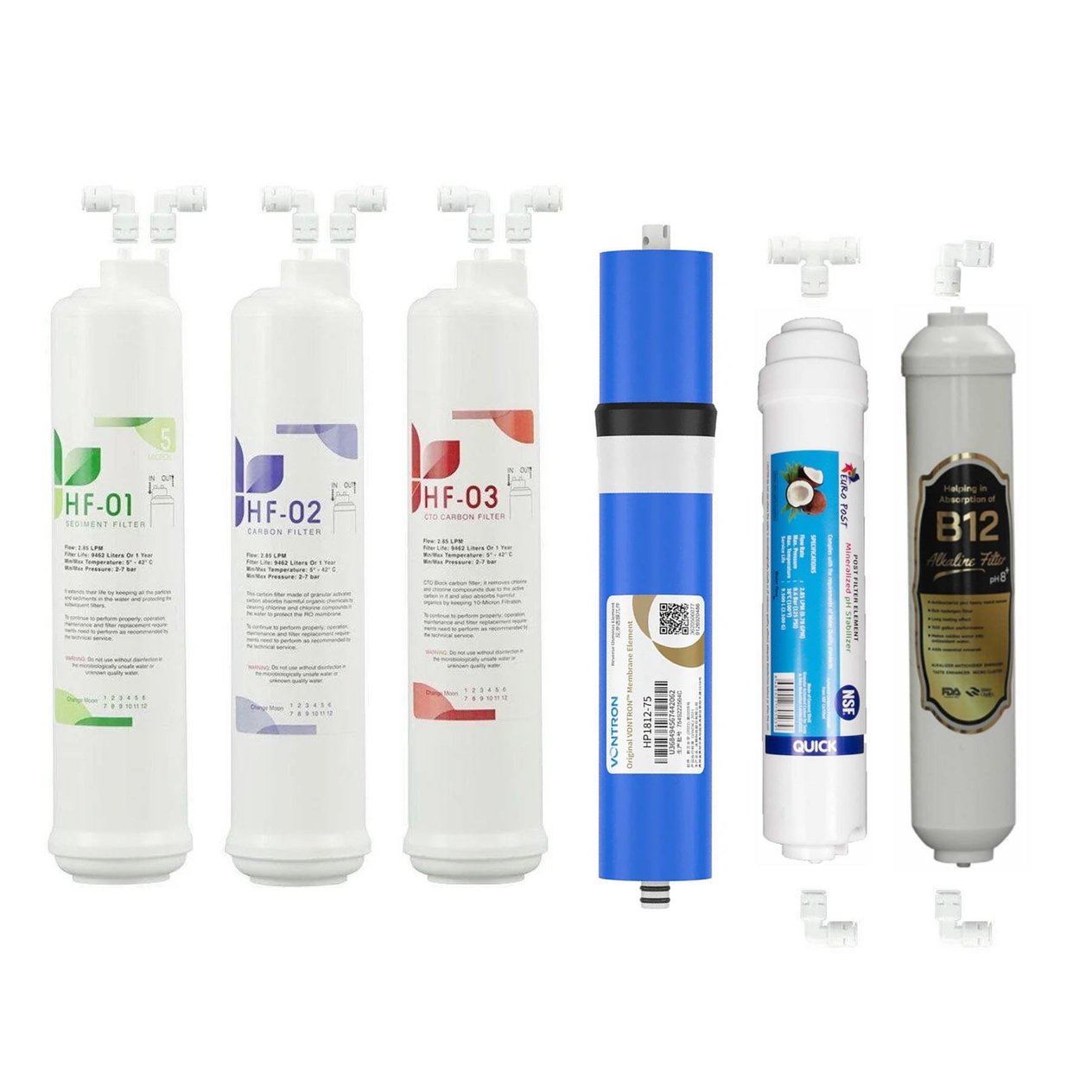 Yeni Seri 6'li Su Arıtma Filtre Seti Vontronlu B12 Mineral ve Alkalin Premium Plus Set + Dirsekli