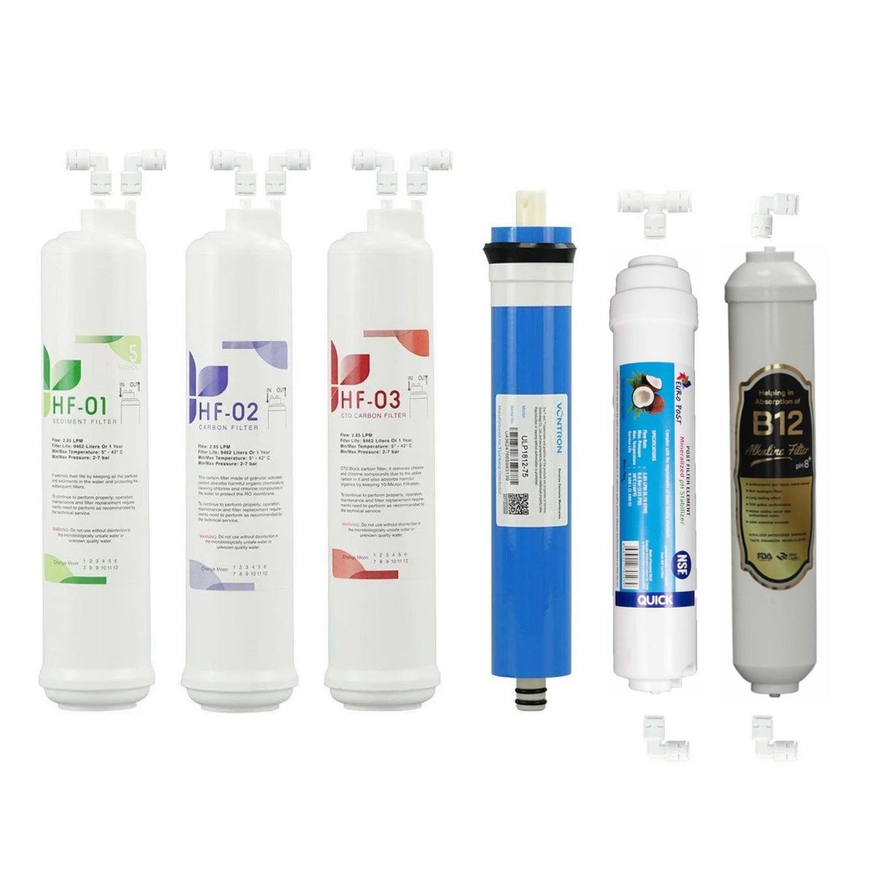 Yeni Seri 6'li Su Arıtma Filtre Seti Vontronlu B12 Mineral ve Alkalin Premium Plus Set + Dirsekli