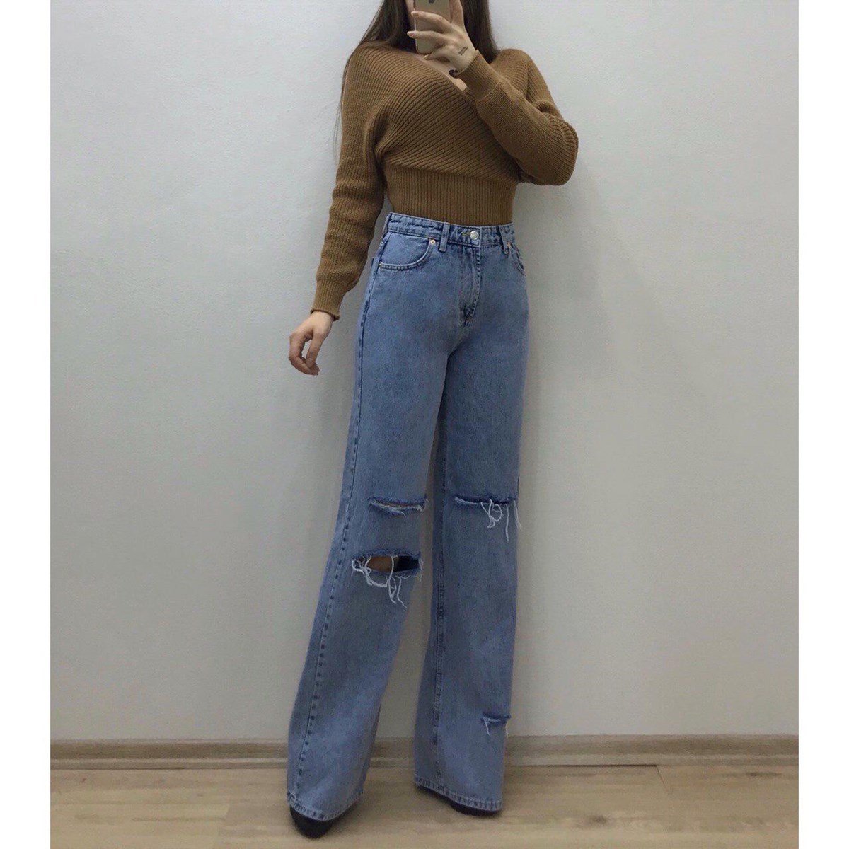 Bayan yırtıklı model bol pantolon 7657641