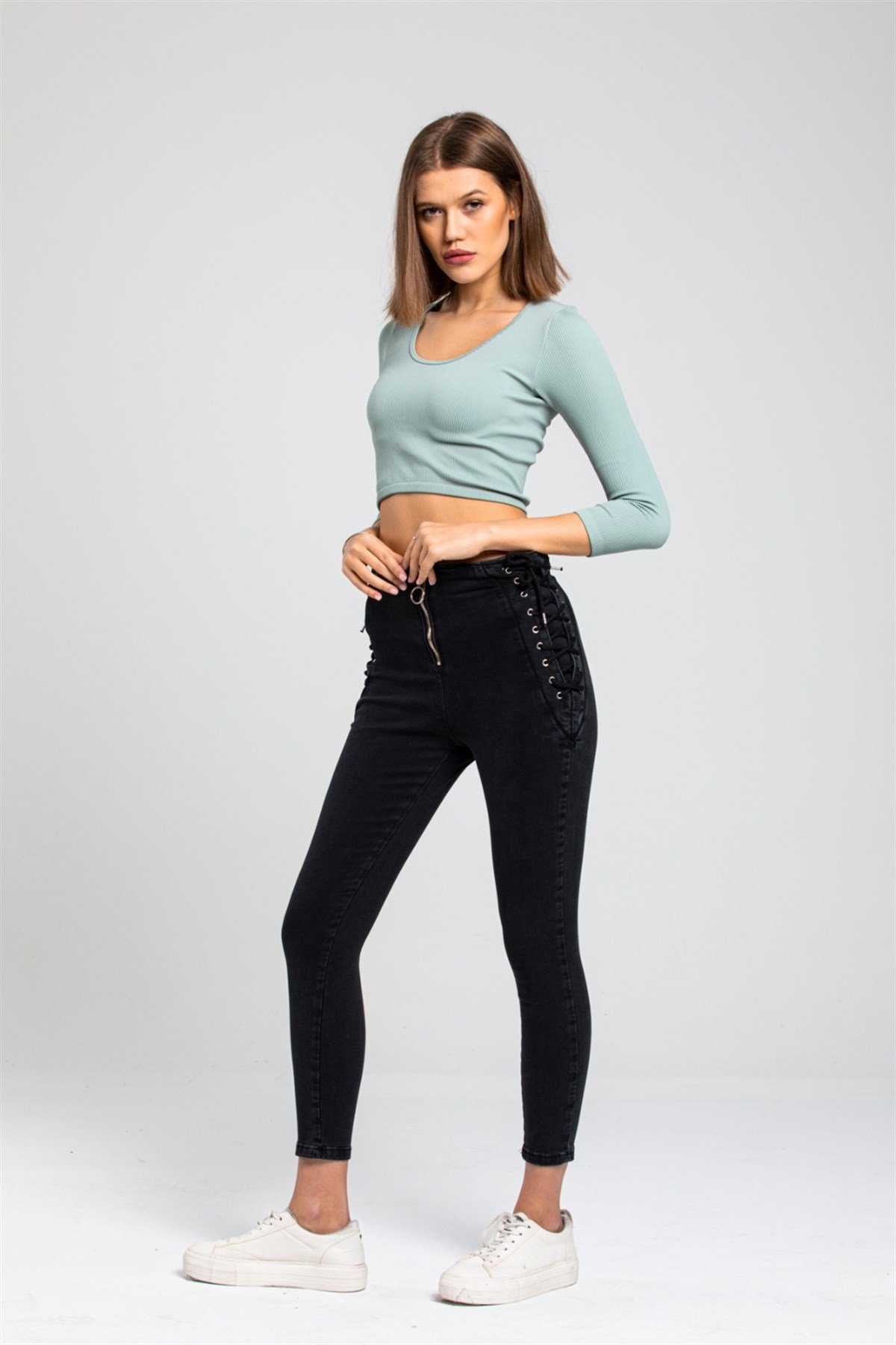 Yanı Bağcıklı Bayan Kot Pantolon 369564241