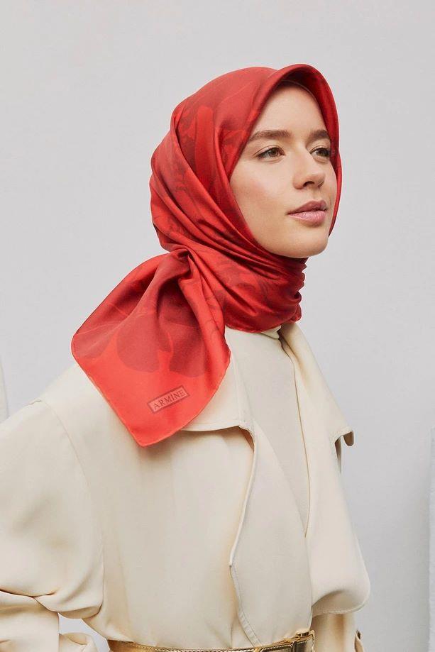 Armine Kırmızı Çiçek Desen Saf İpek Tivil Dokuma Eşarp-E25YA9344D02-38-KVS0653