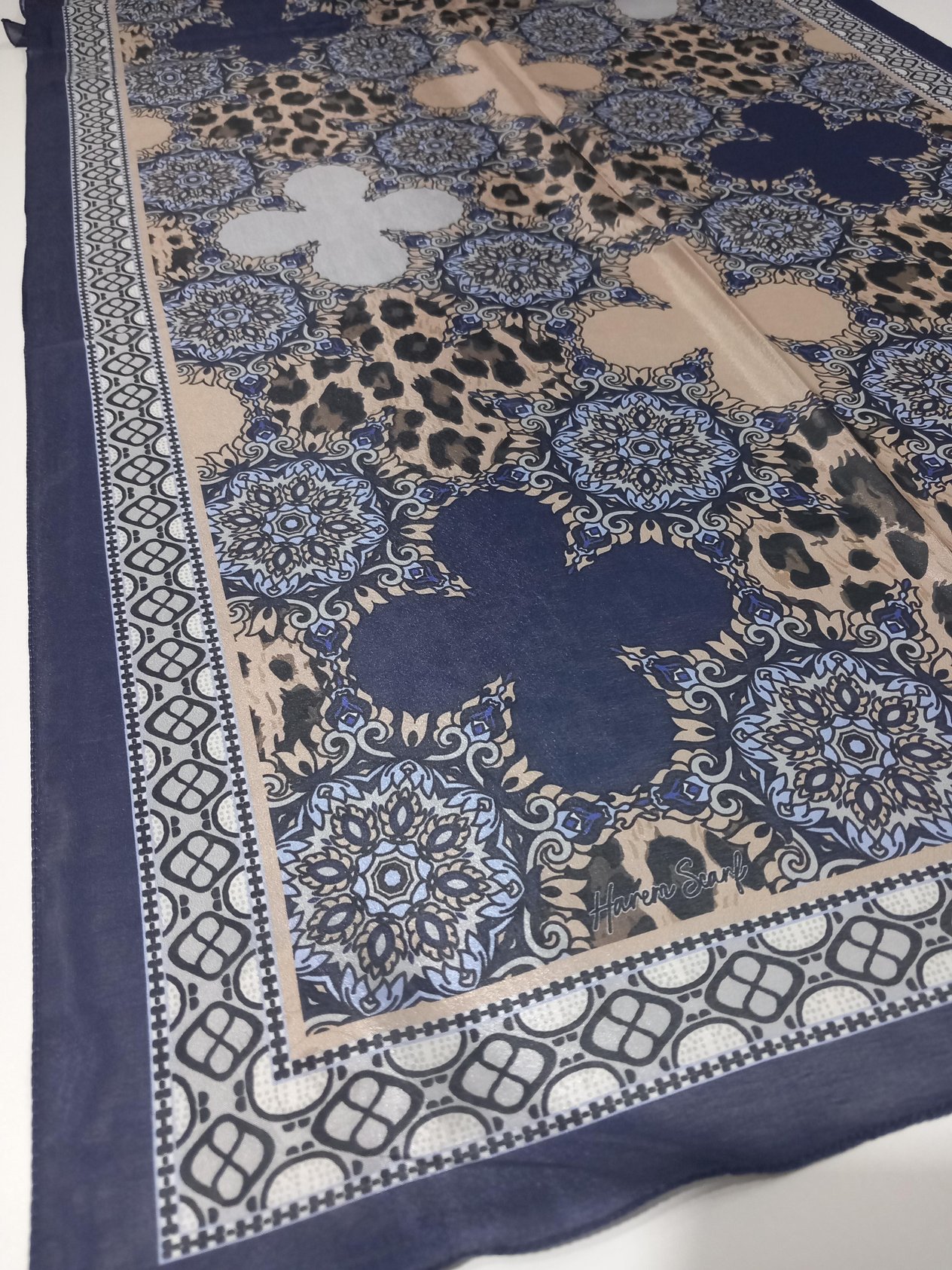 Harem Scarf Brisa Dijital Lacivert Bej Leopar Etnik Desen Şal-7501-534-KVS0591