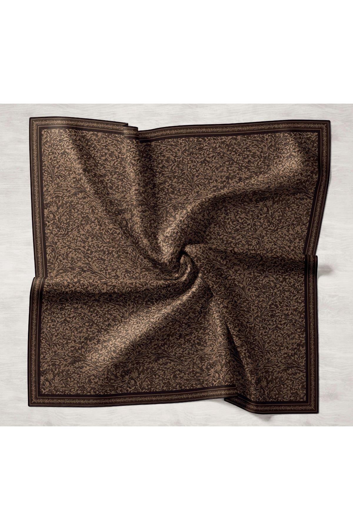 Silk Home Acı Kahve Vizon Yaprak Desen Saf İpek Tivil Dokuma Eşarp-11459-23-KVS0699
