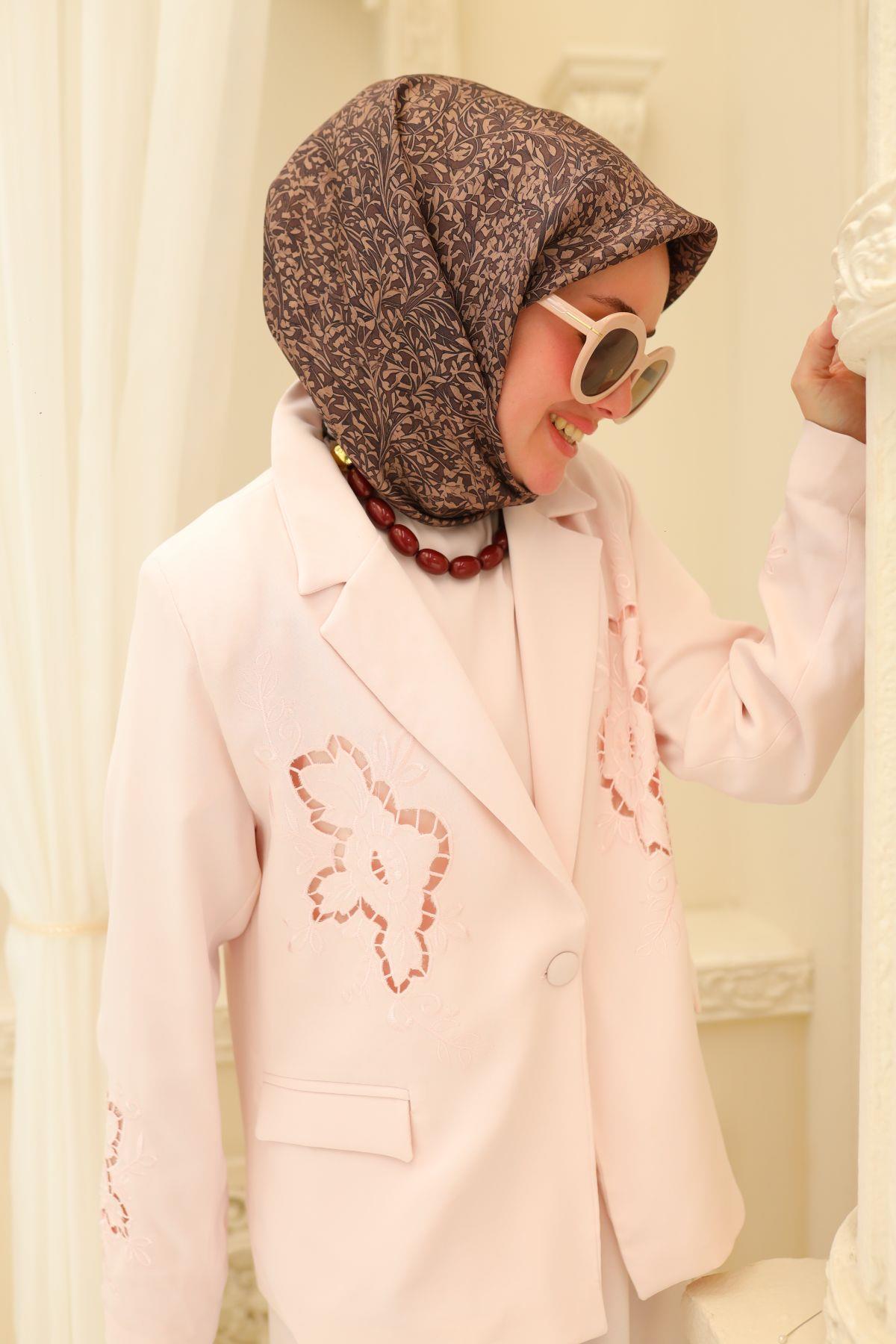 Silk Home Acı Kahve Vizon Yaprak Desen Saf İpek Tivil Dokuma Eşarp-11459-23-KVS0699