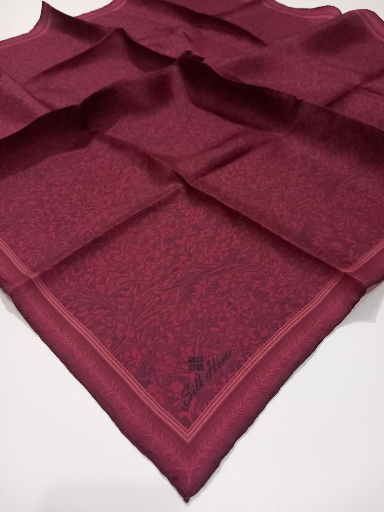 Silk Home Bordo Yaprak Desen Saf İpek Tivil Dokuma Eşarp-11459-47-KVS0694