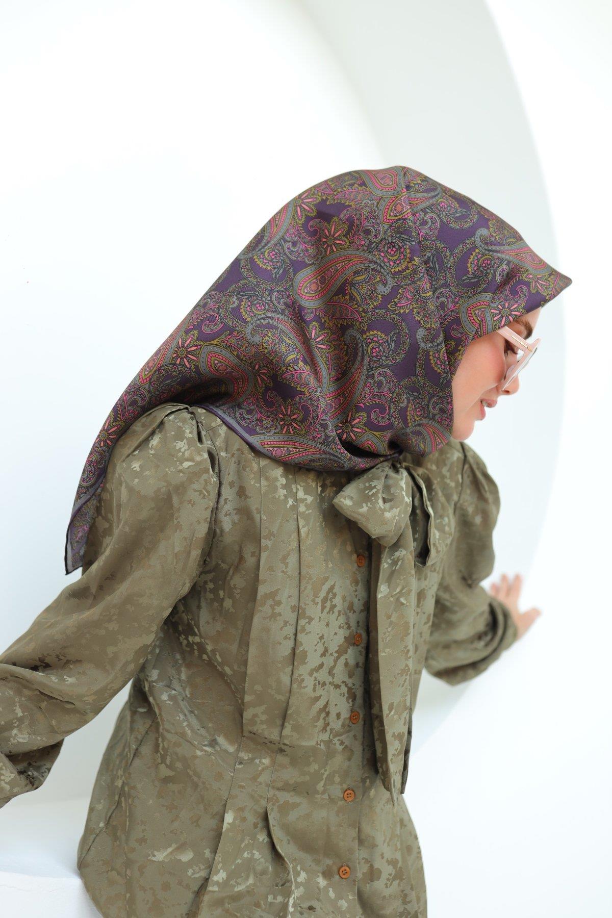 Silk Home Mor Yeşil Etnik Desen Saf İpek Tivil Dokuma Eşarp-11455-32-KVS0729