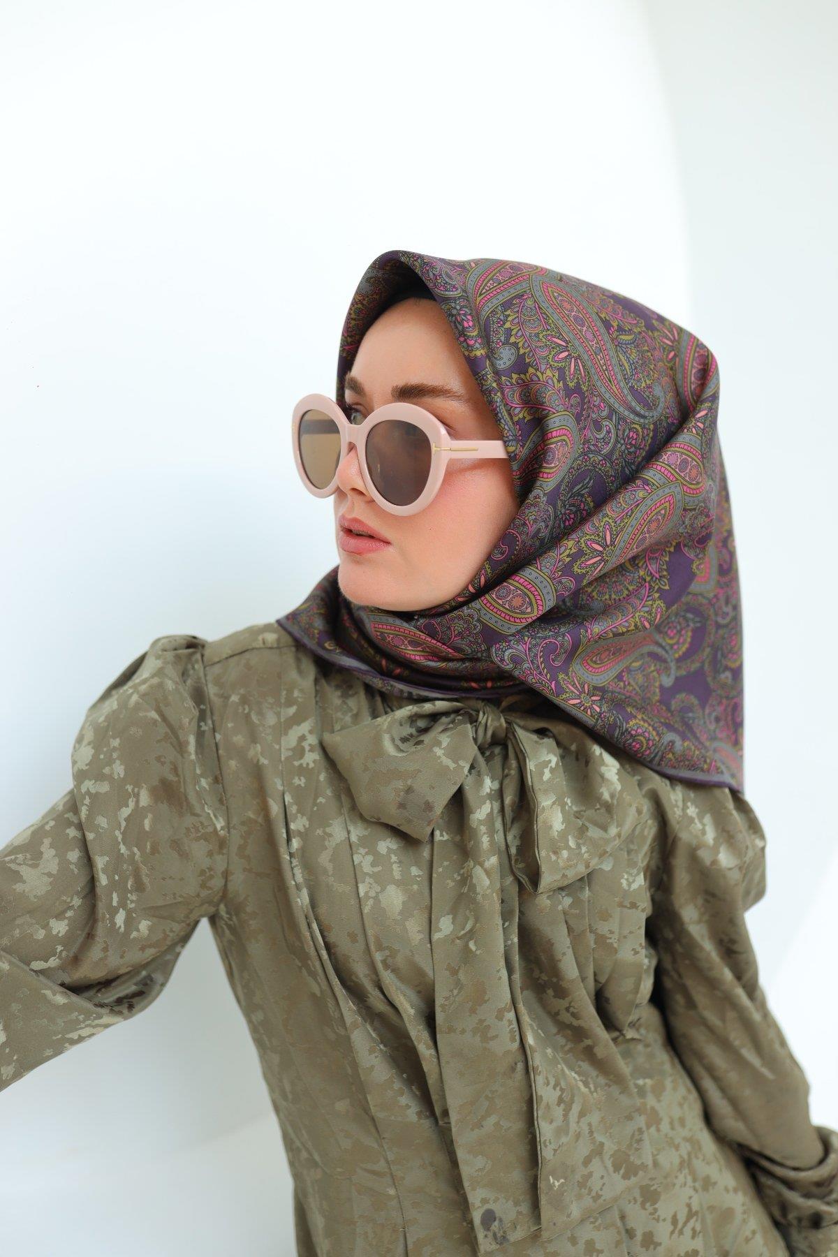 Silk Home Mor Yeşil Etnik Desen Saf İpek Tivil Dokuma Eşarp-11455-32-KVS0729