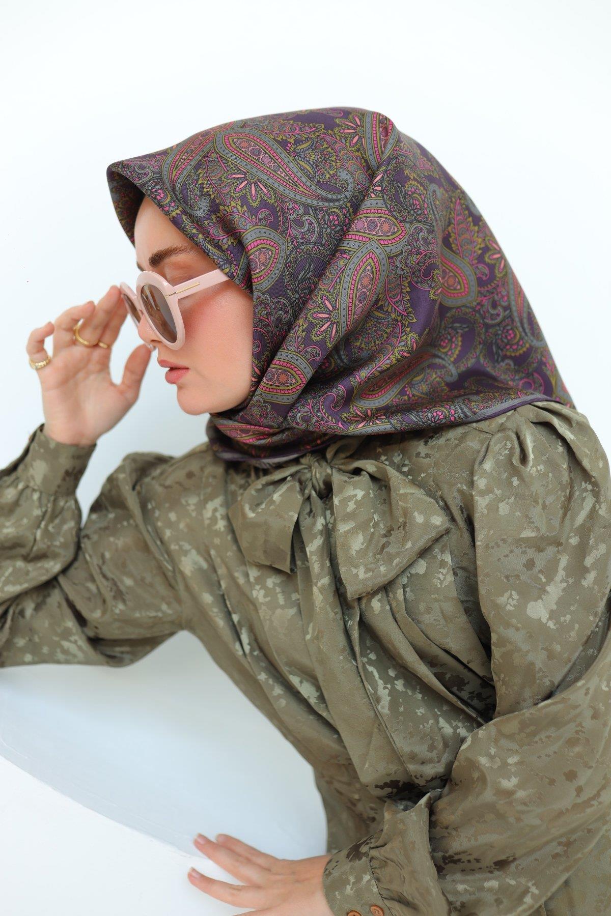 Silk Home Mor Yeşil Etnik Desen Saf İpek Tivil Dokuma Eşarp-11455-32-KVS0729