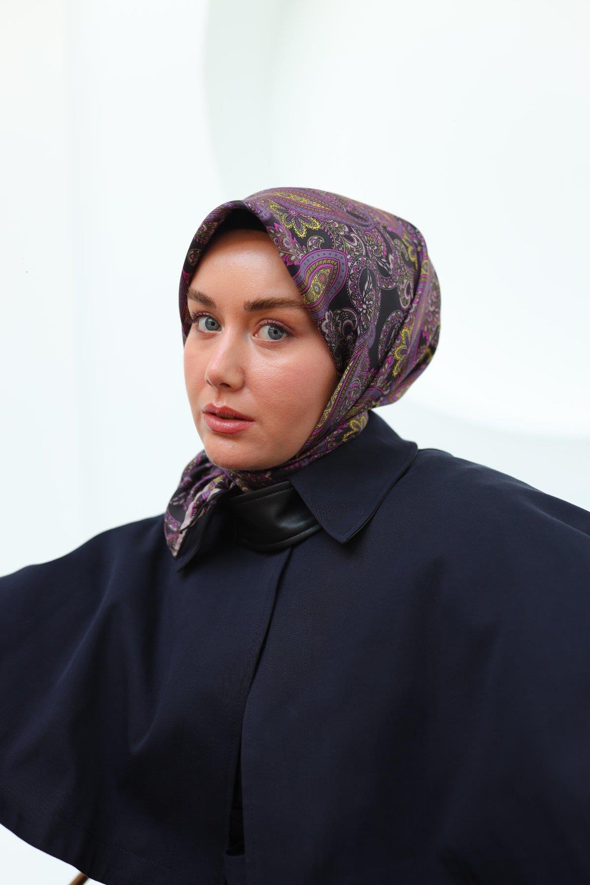 Silk Home Siyah Mor Etnik Desen Saf İpek Tivil Dokuma Eşarp-11455-16-KVS0723