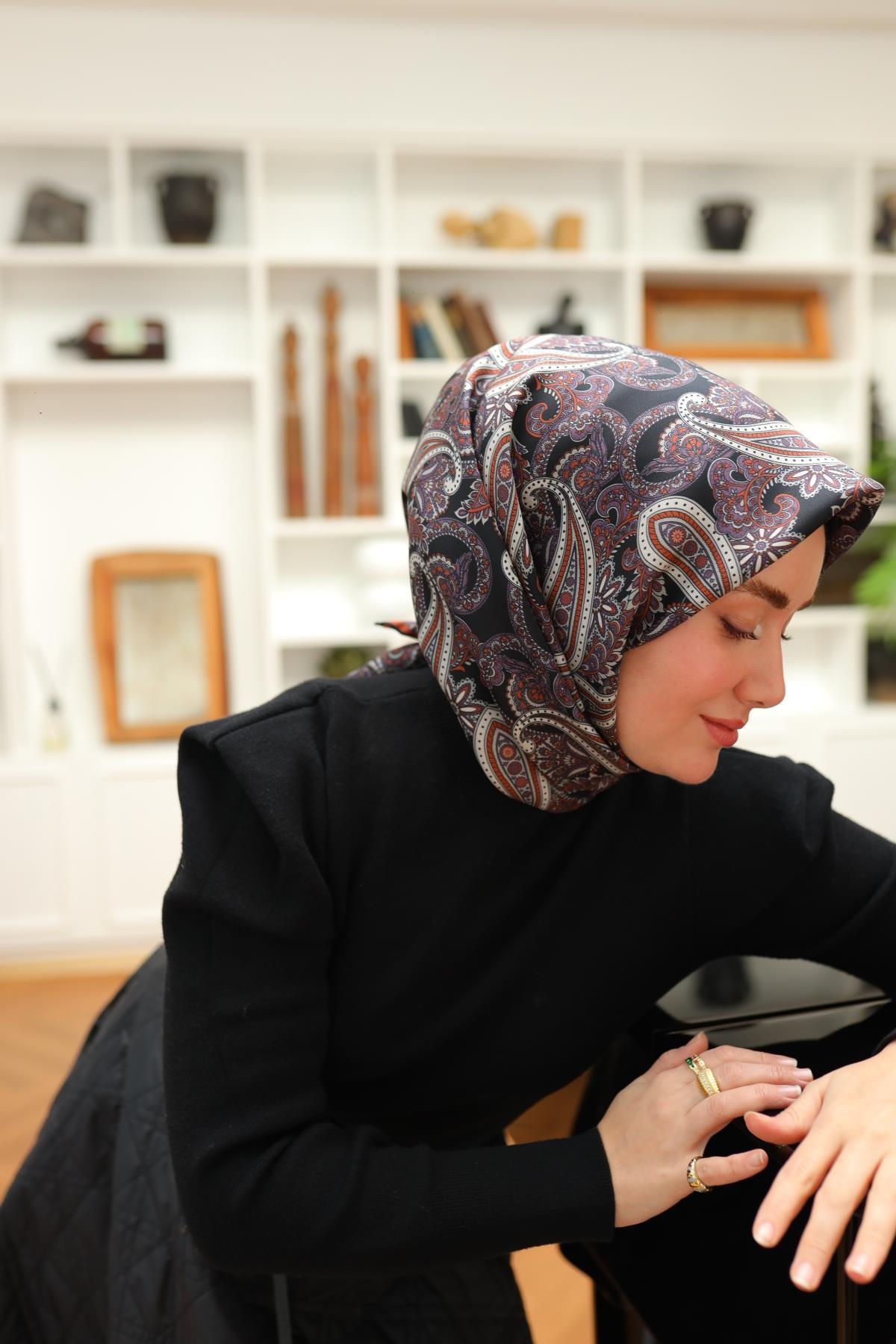 Silk Home Siyah Mor Etnik Desen Saf İpek Tivil Dokuma Eşarp-11455-38-KVS0721