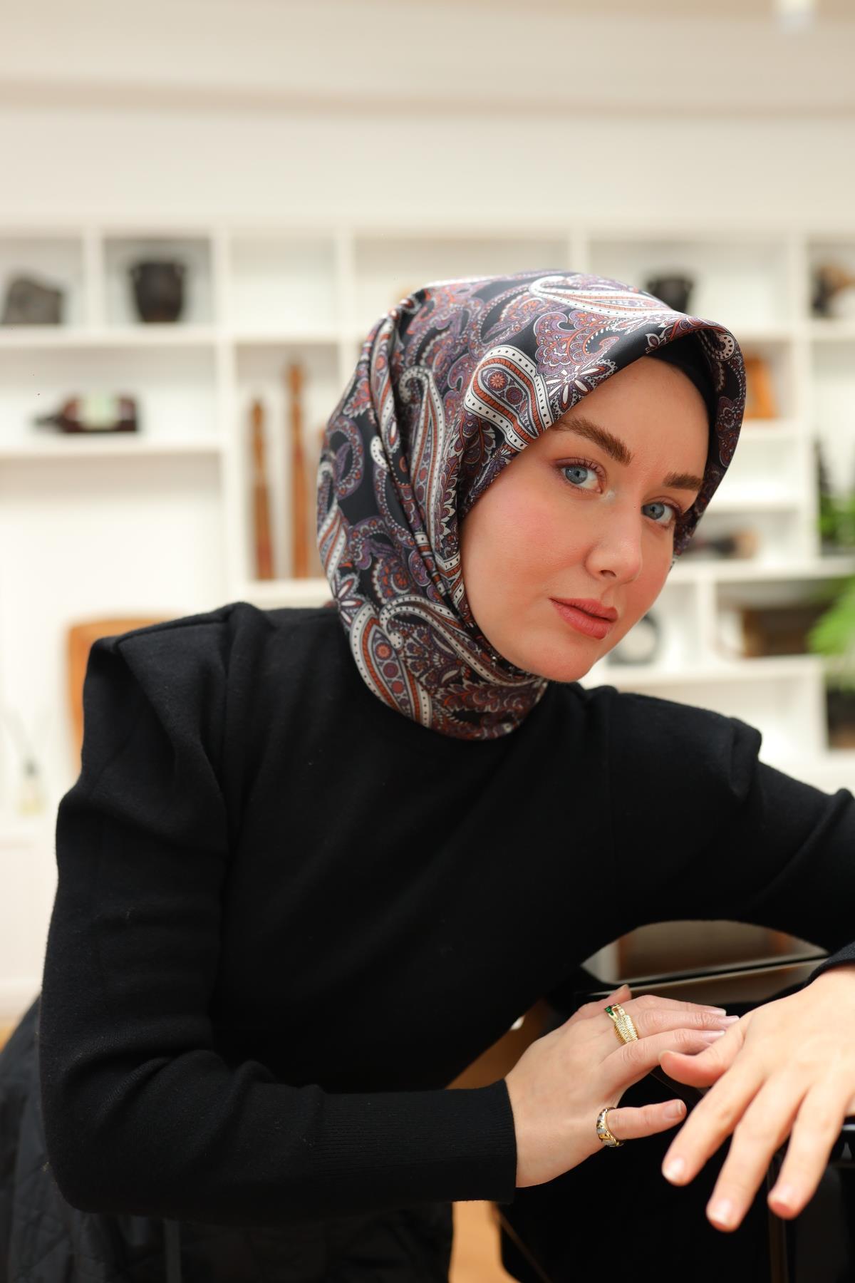 Silk Home Siyah Mor Etnik Desen Saf İpek Tivil Dokuma Eşarp-11455-38-KVS0721