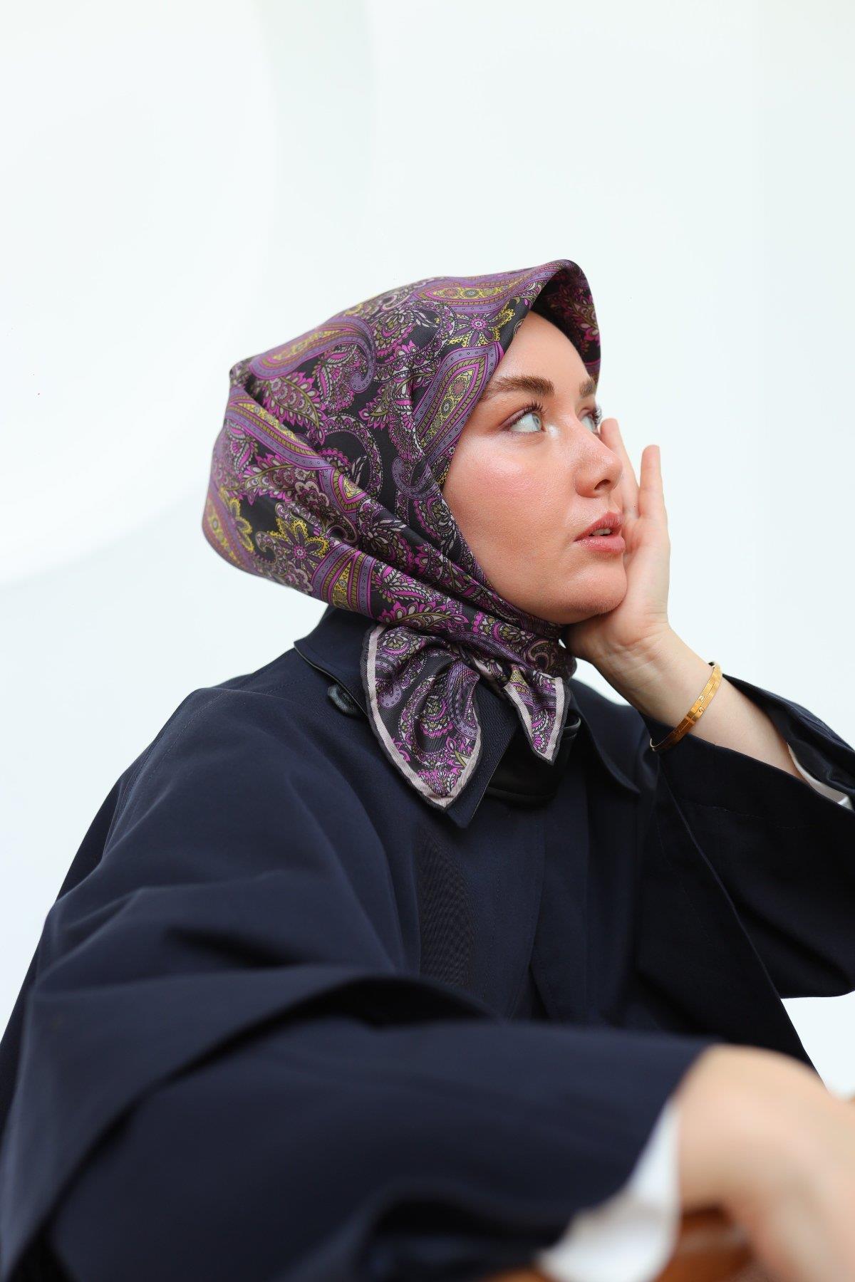 Silk Home Siyah Mor Etnik Desen Saf İpek Tivil Dokuma Eşarp-11455-16-KVS0723